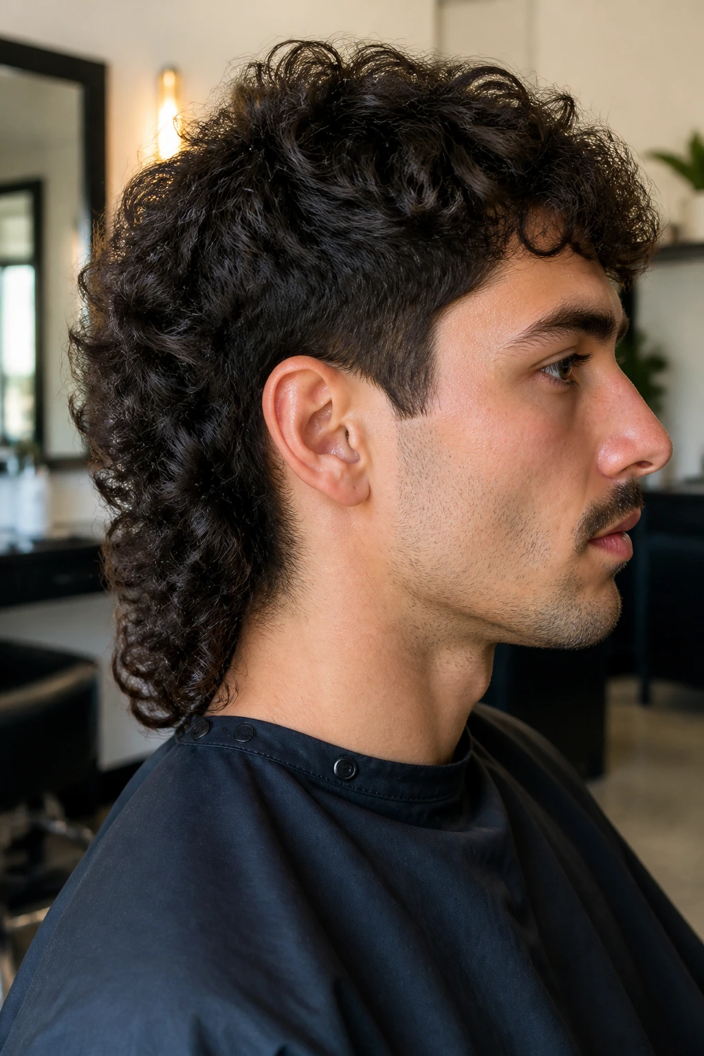 Close-up of a real person with a clean-neck curly mullet and neat nape