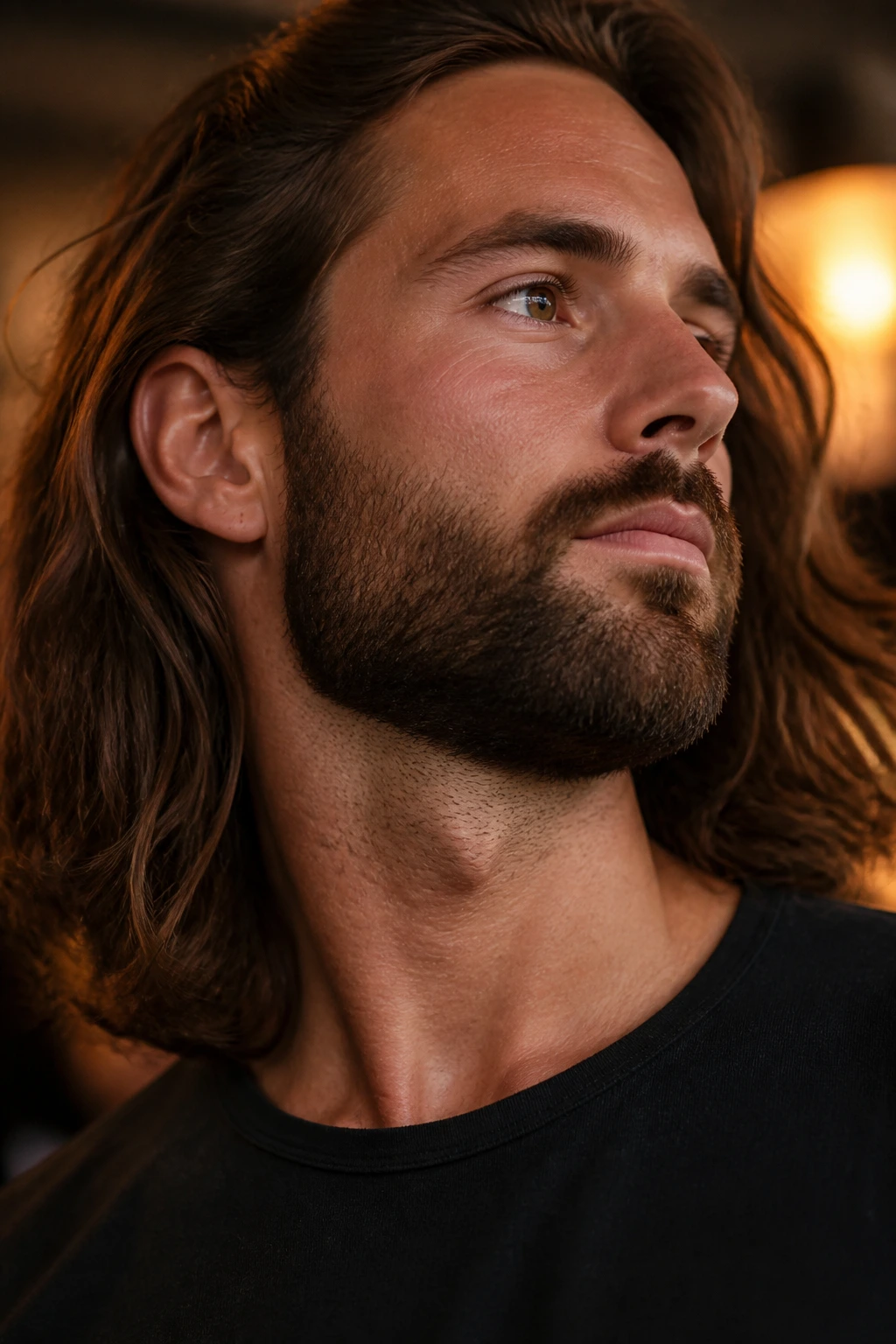 Portrait of a man with a clean neckline beard and long hair