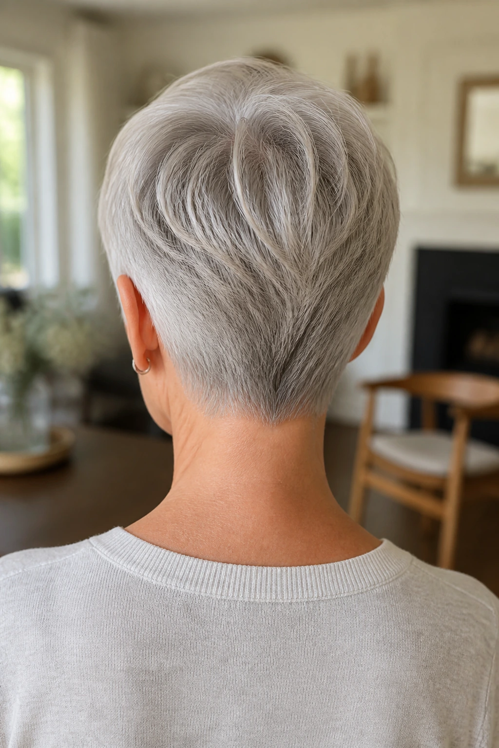 Back-of-head view of a real woman with a clean-neckline pixie showing a neat nape