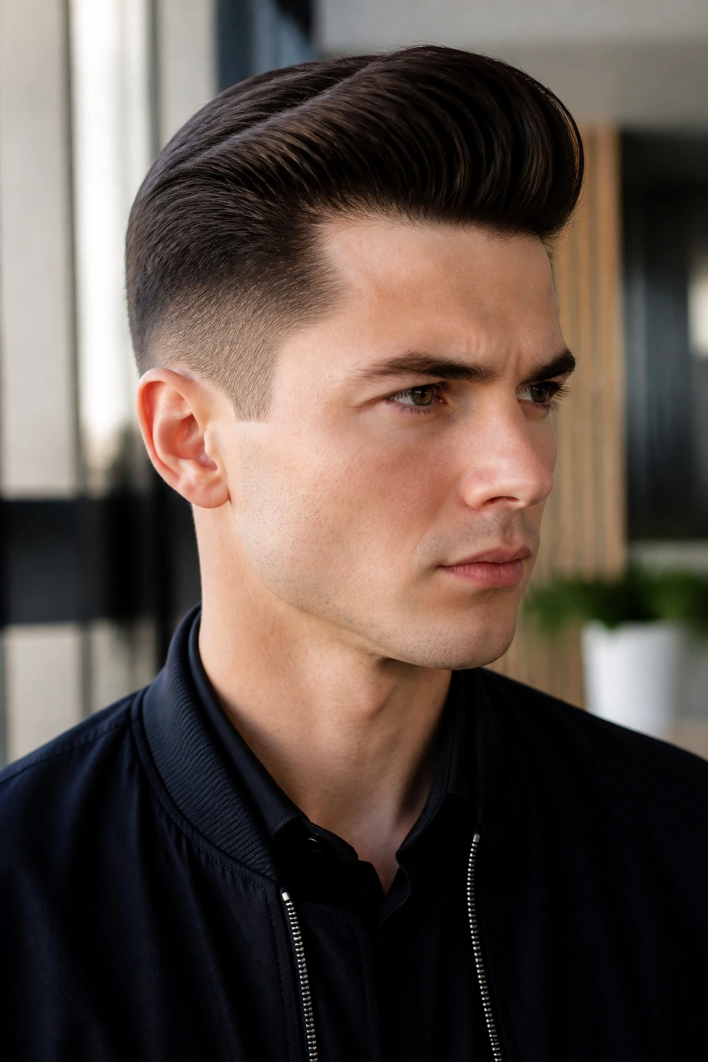 Close-up portrait of a man with a clean-shaven face and pompadour