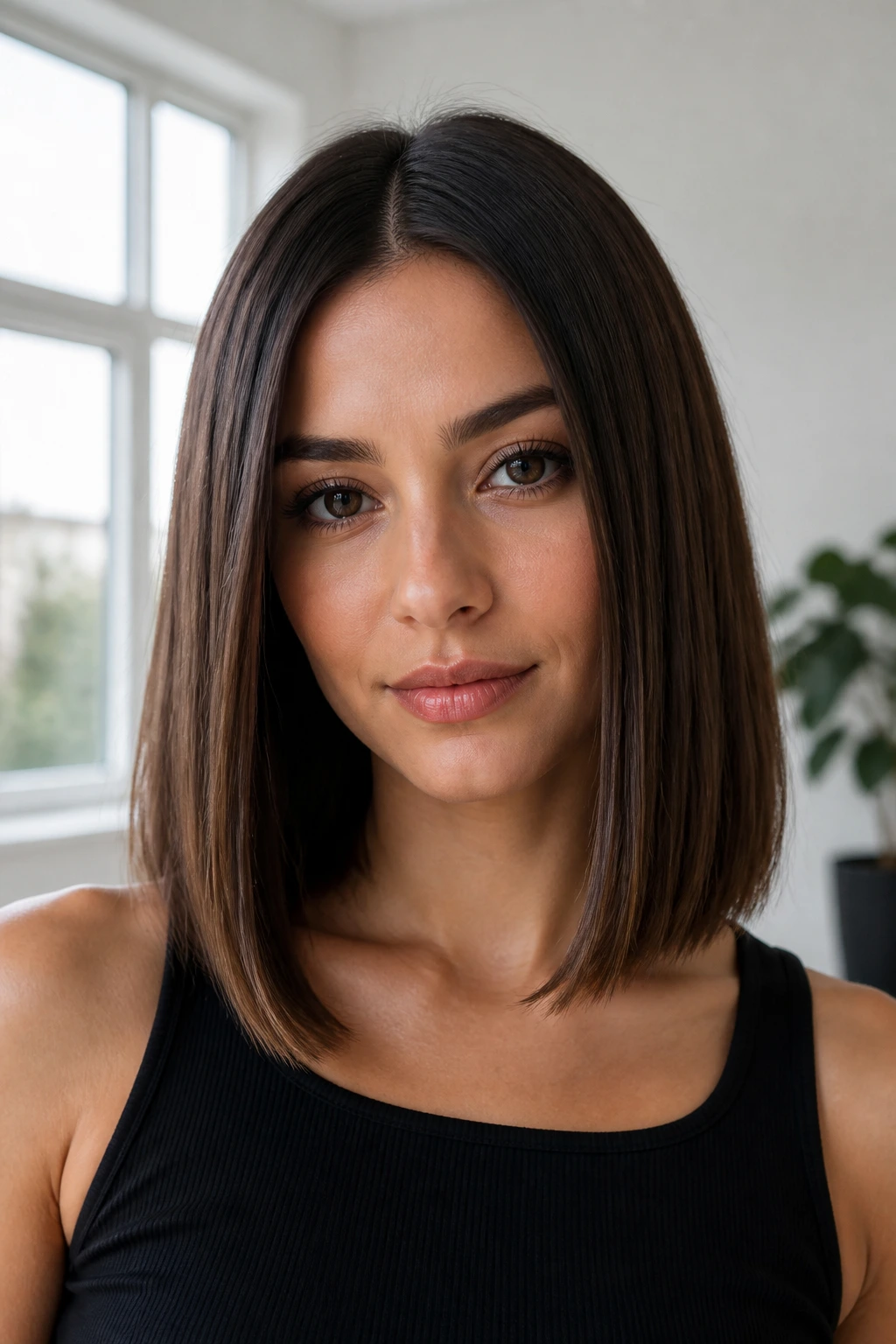 Close-up of real woman with a crisp straight lob and clean ends in bright window light