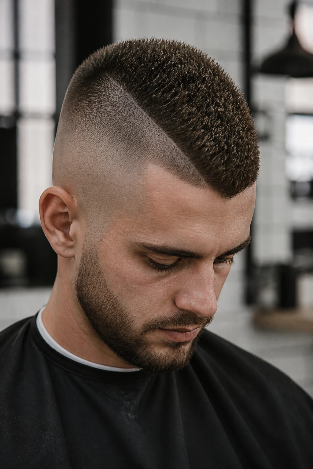 Portrait of a person with a clean strip mohawk and shaved sides