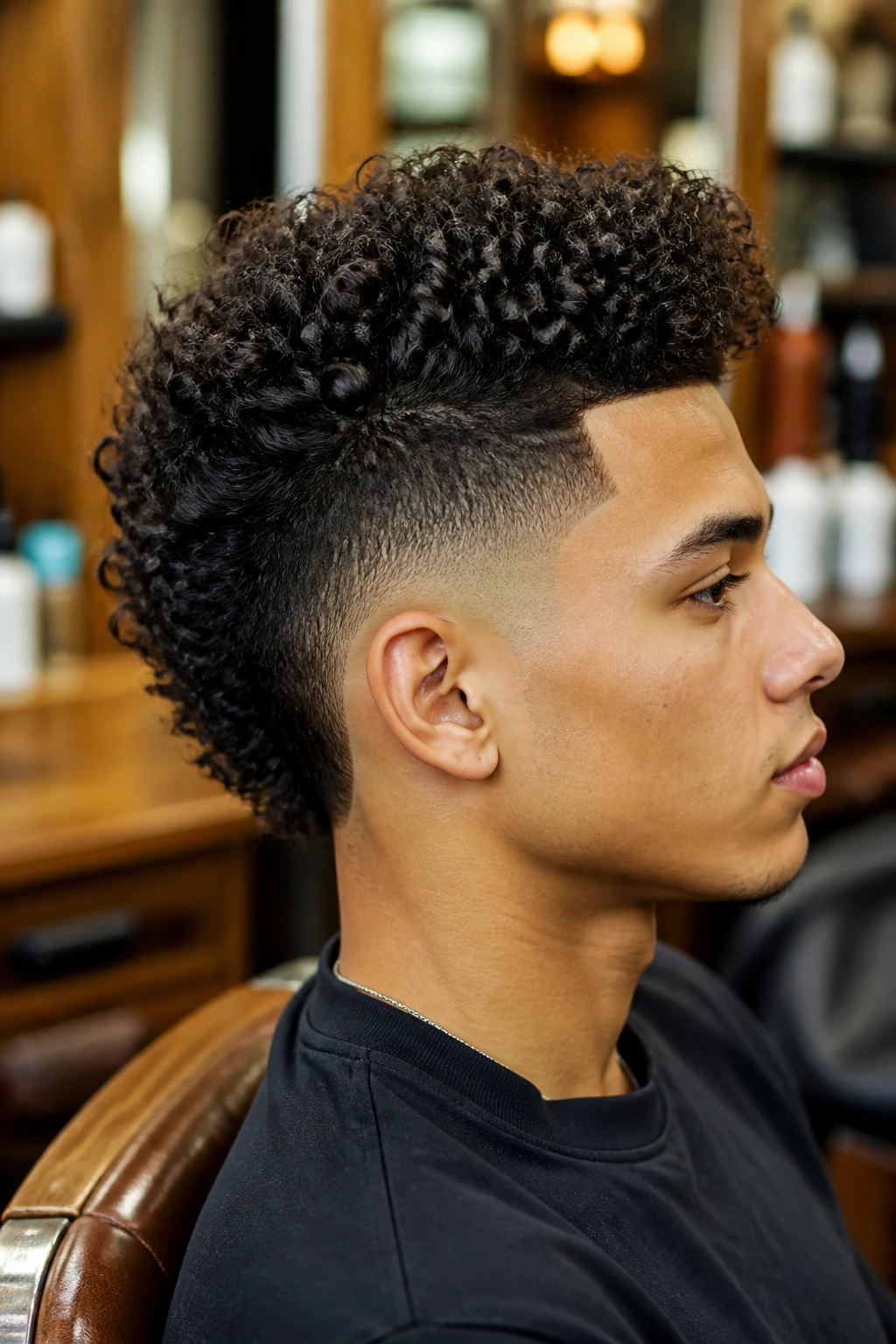 Close-up of clean taper curly mohawk on real person in barber shop