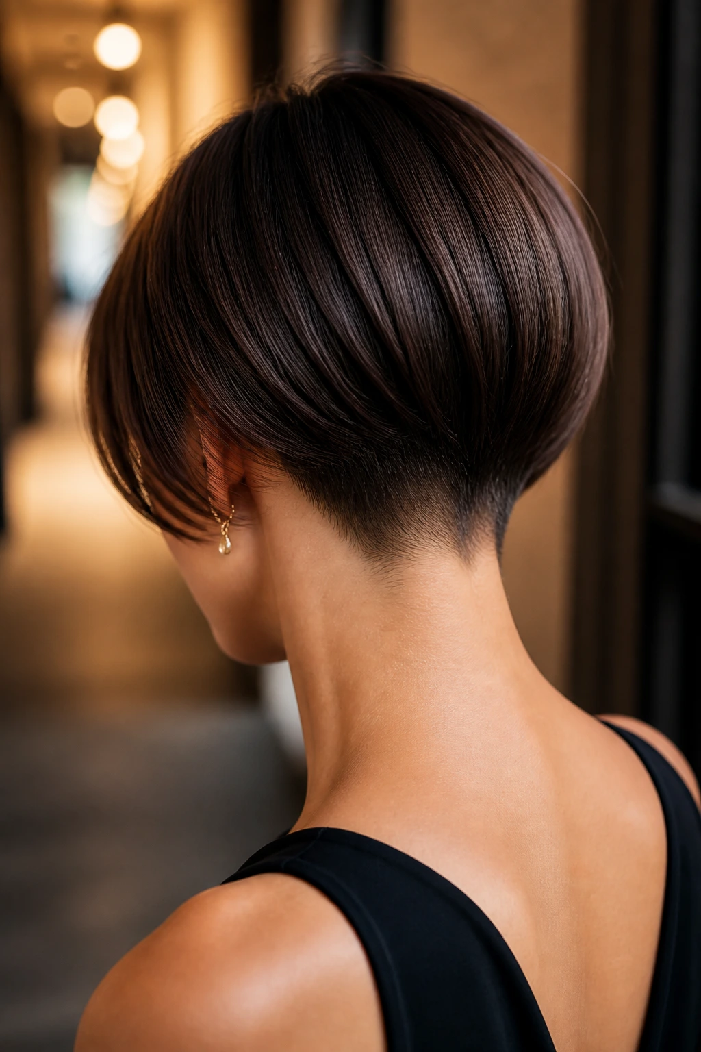Close-up portrait of a real person highlighting a tapered-nape bob.