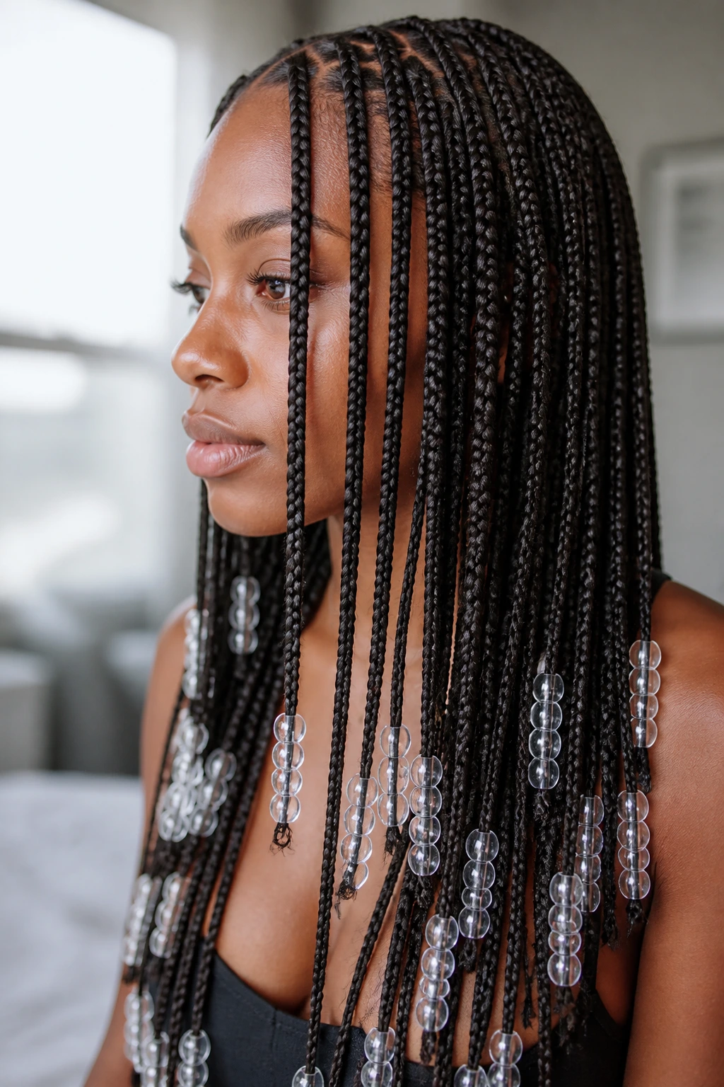 Close-up of long knotless braids with clear beads at the ends