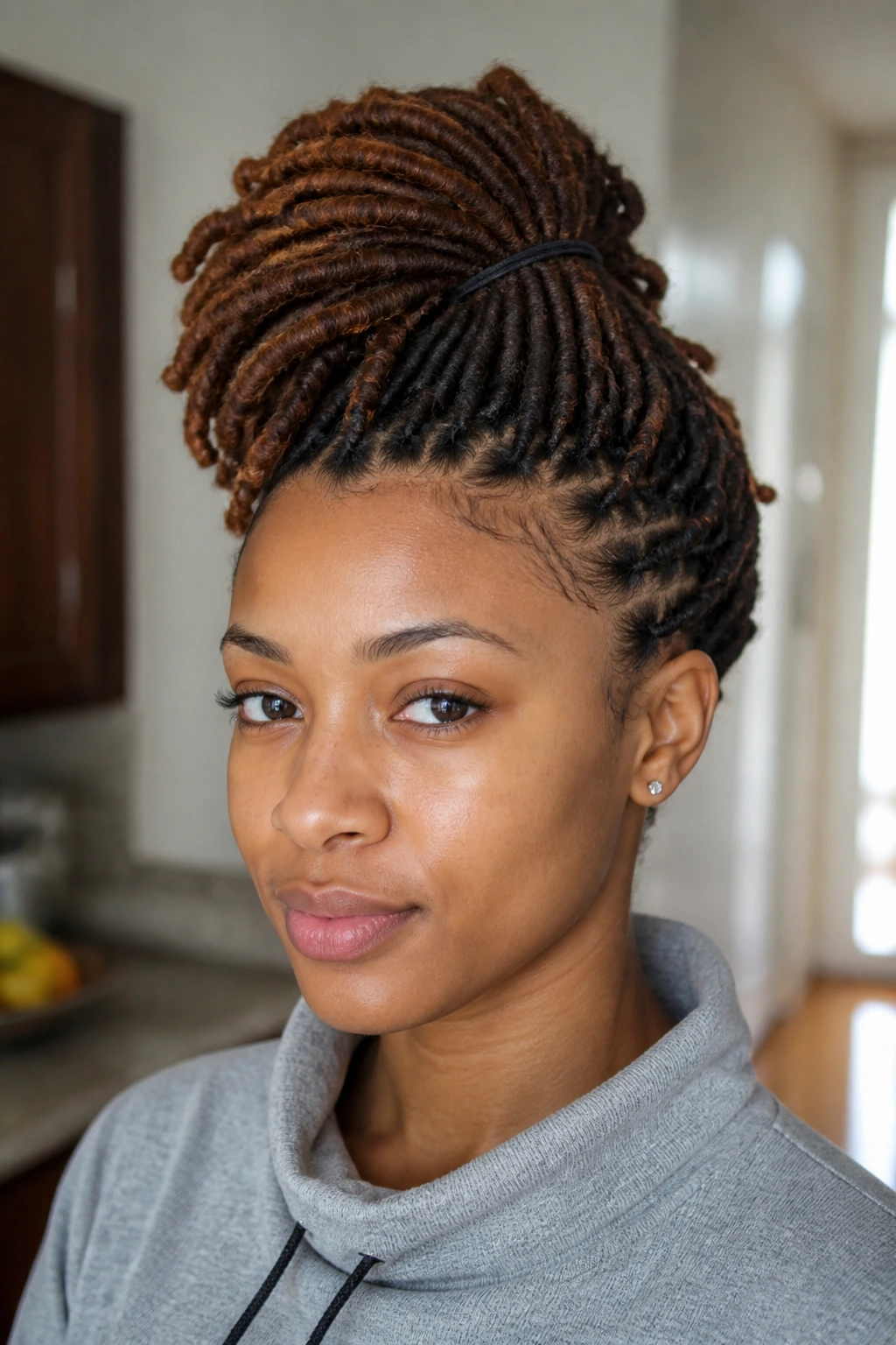 Close-up portrait of a five-minute clip-and-go mohawk on a real person.