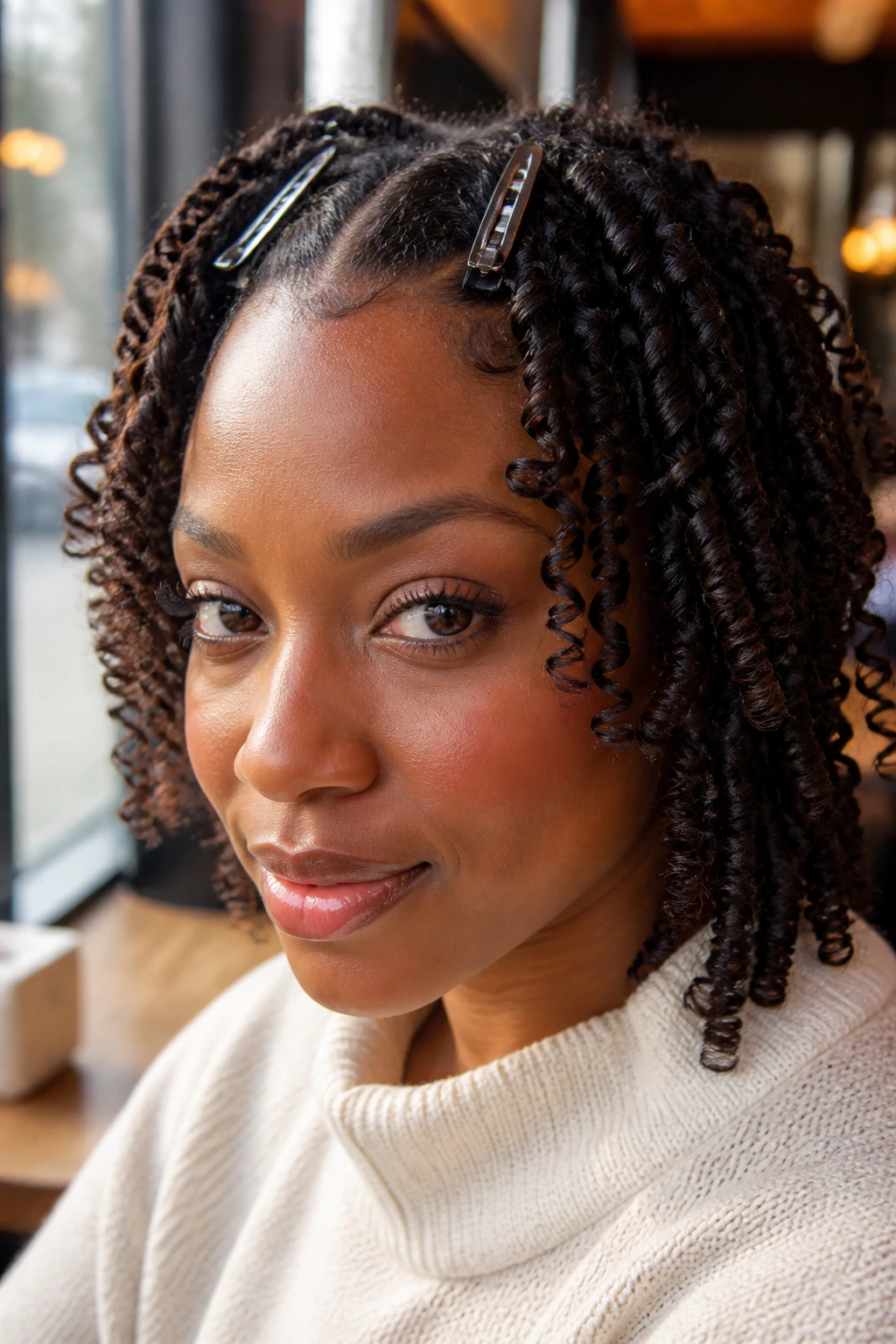 Close-up of clip-back front coils on a real person