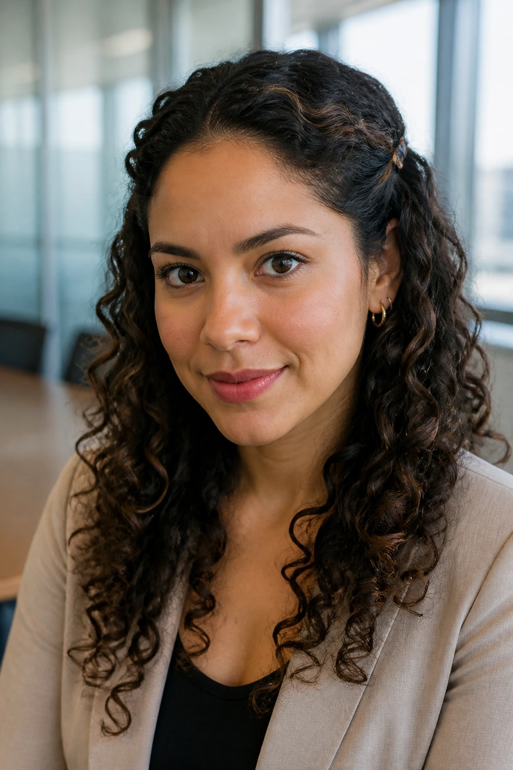 Close-up of a woman with clip-back sides and defined curls in an office