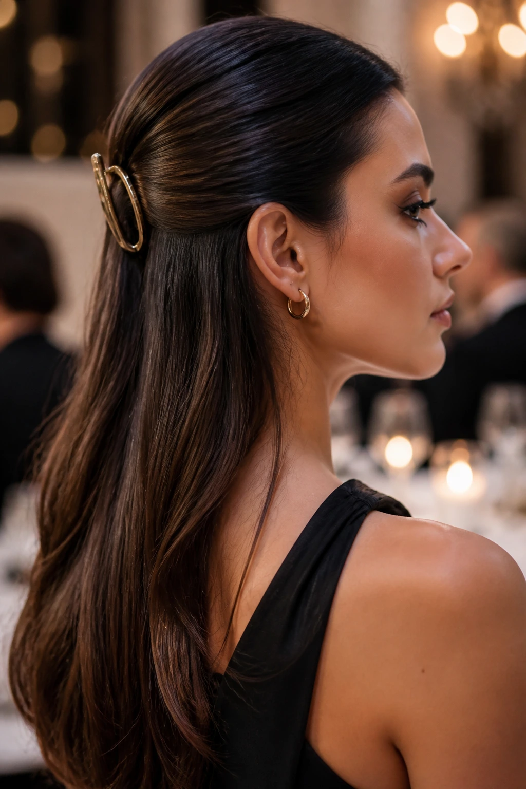 Close-up of a real woman wearing a minimal sleek clip-back hairstyle