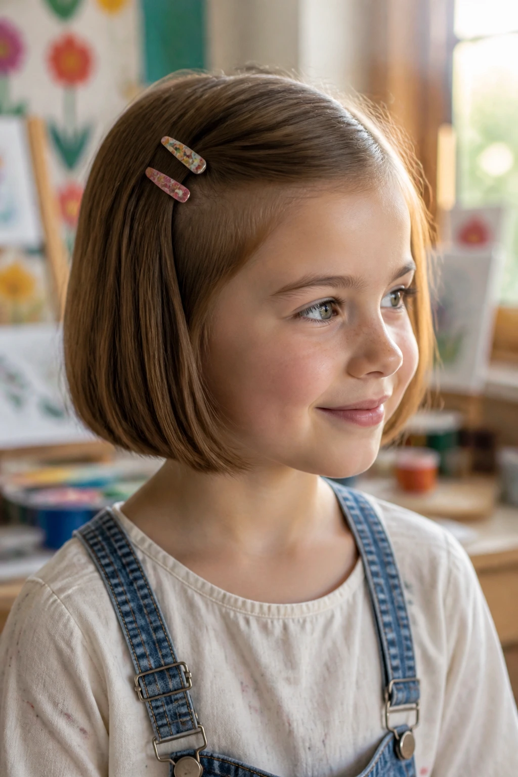 Close-up of a real child with a clip-friendly bob showing clips in the hair