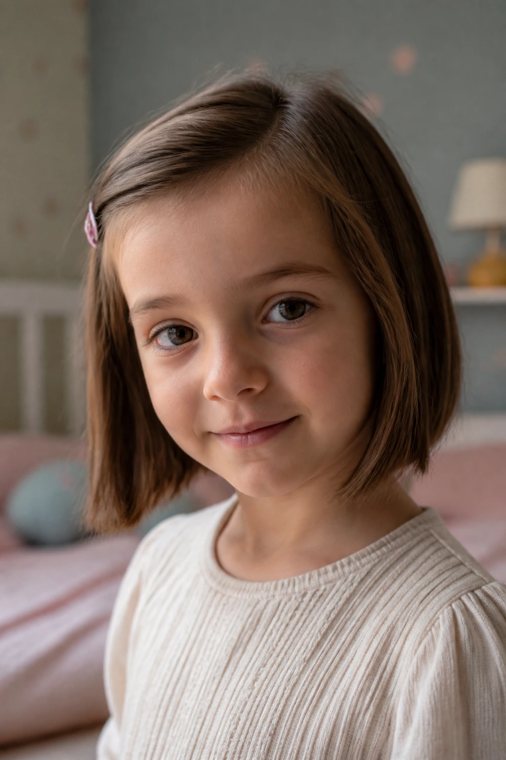 Girl's bob with front pieces pinned back by a small hair clip at the temple.