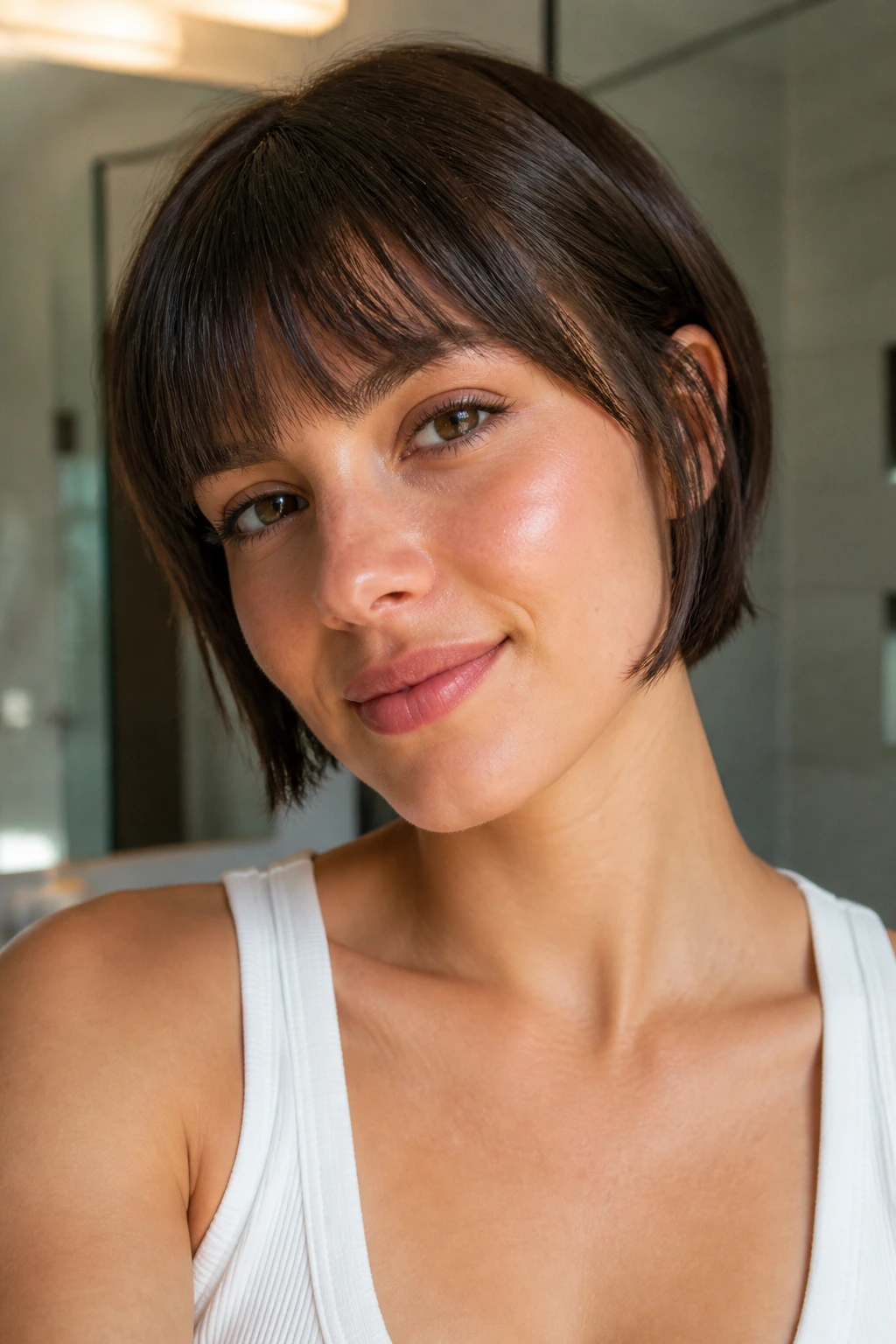Portrait of a real person wearing clip-in bangs for a test drive