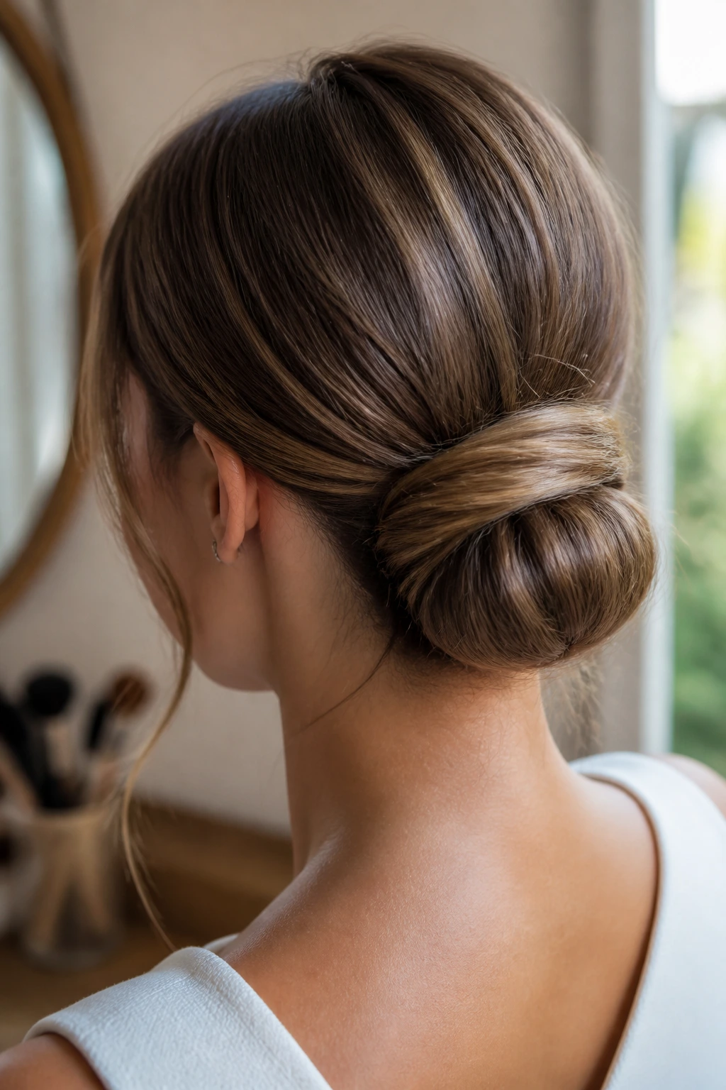 Close-up rear view of a real woman with a clip-in wrapped bun