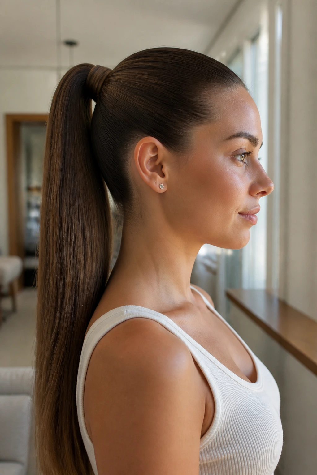 Close-up of a real woman with a clip-in extension ponytail showing added length and fullness