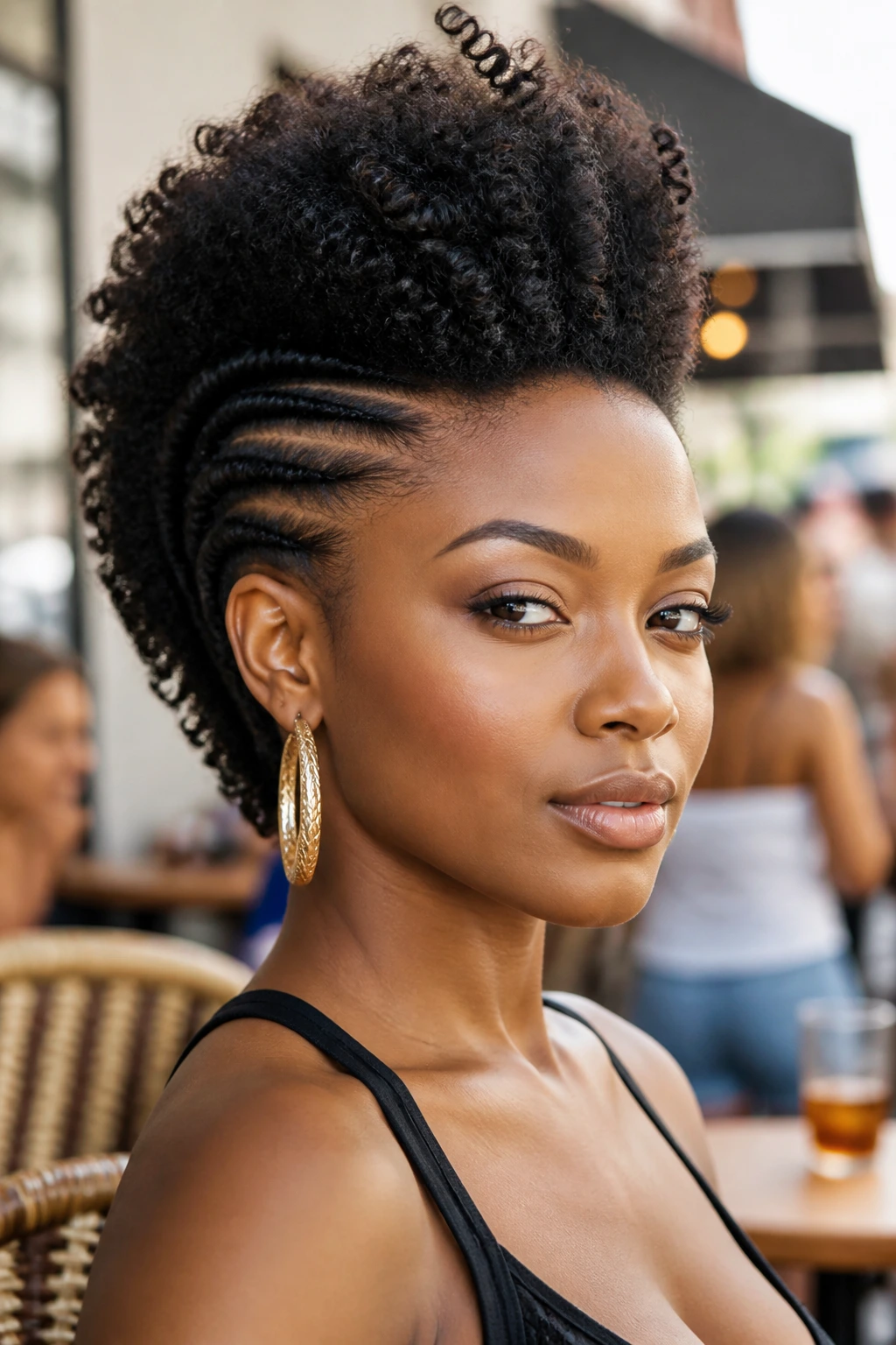 Real woman wearing a clip-in faux hawk for added height