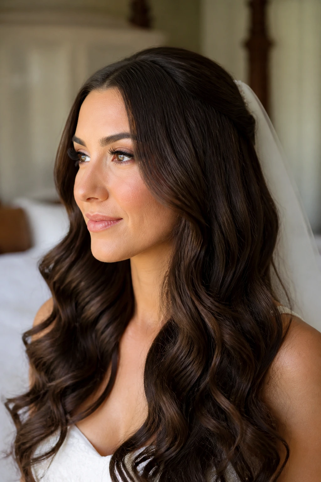 Bride with glam waves created by clip-ins