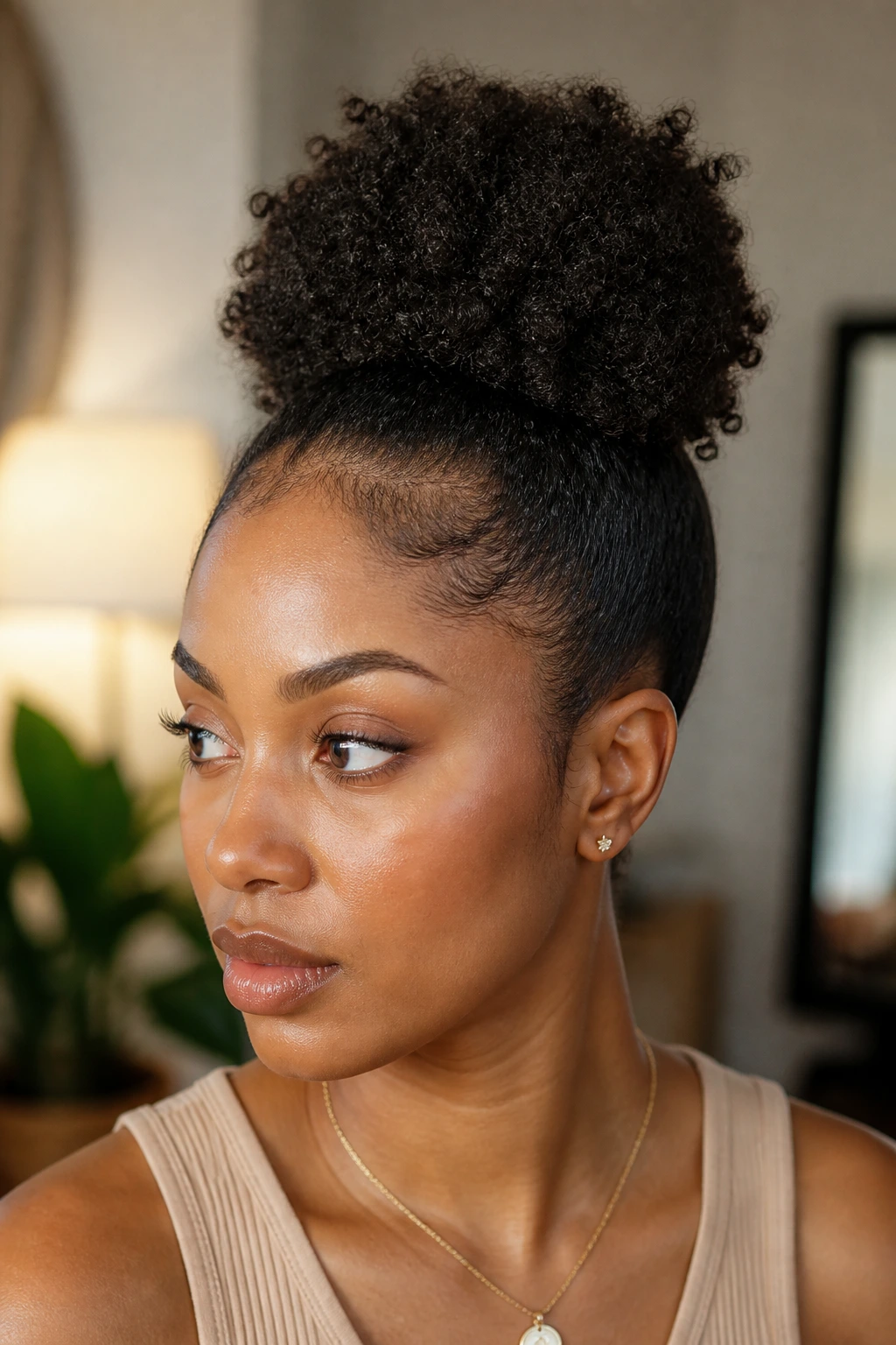 Close-up of a real person wearing a clip-in puff pony with blended texture