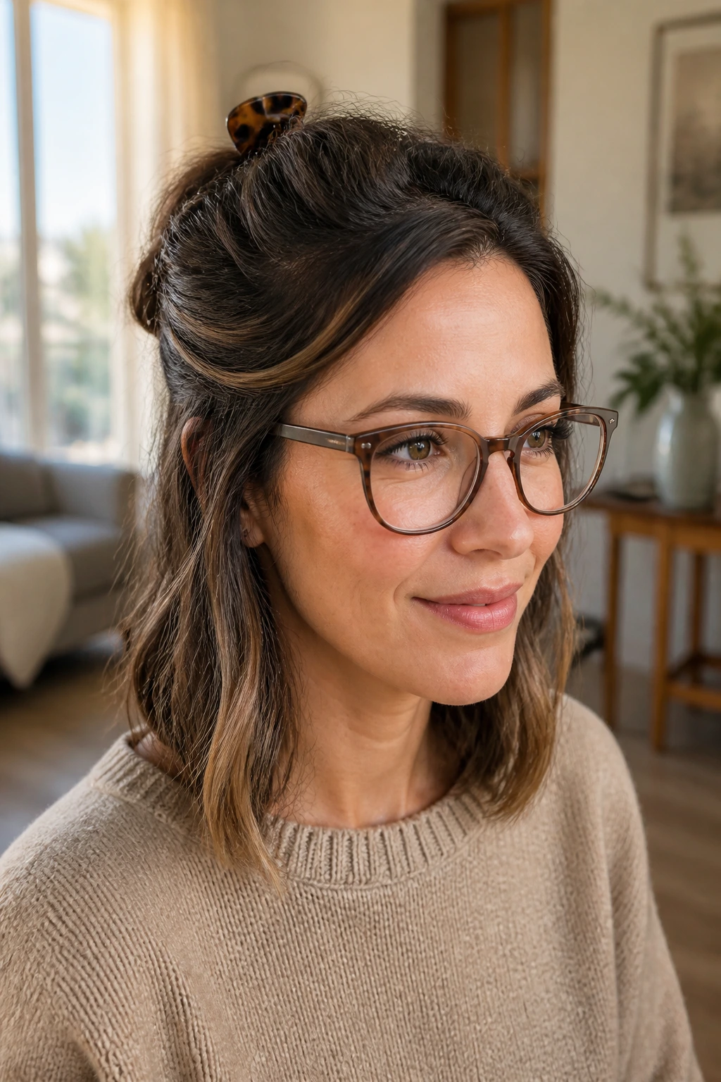 Close-up of a real woman with a polished clip twist hairstyle.