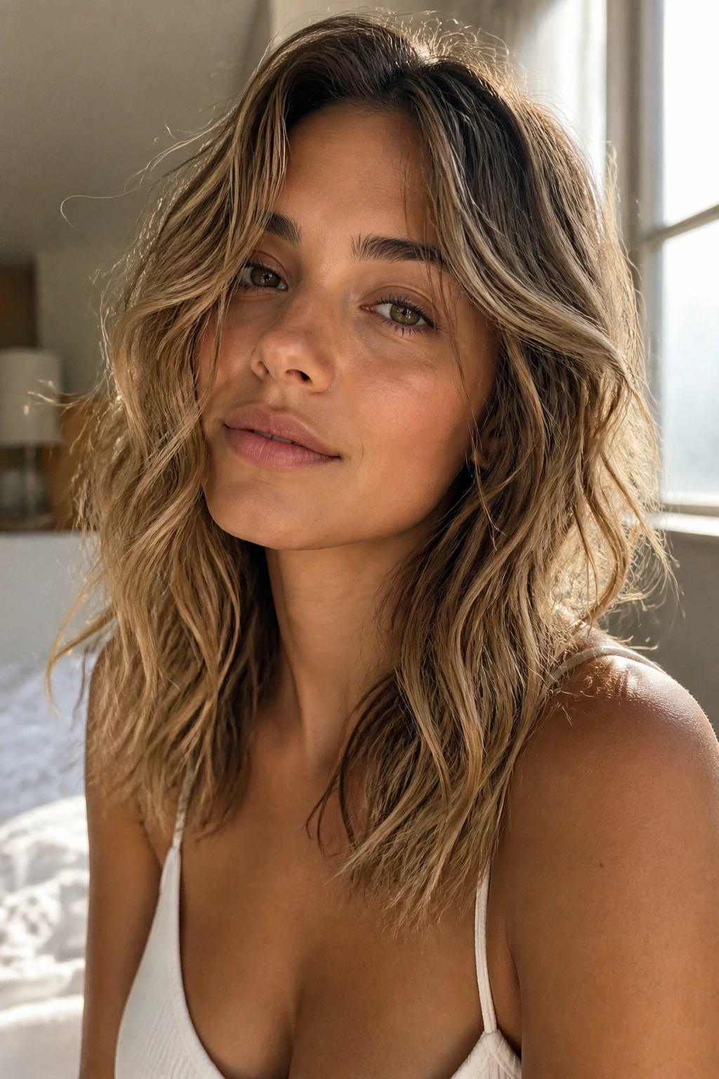 Close-up of a real woman with Clipless Lazy Waves in warm natural light
