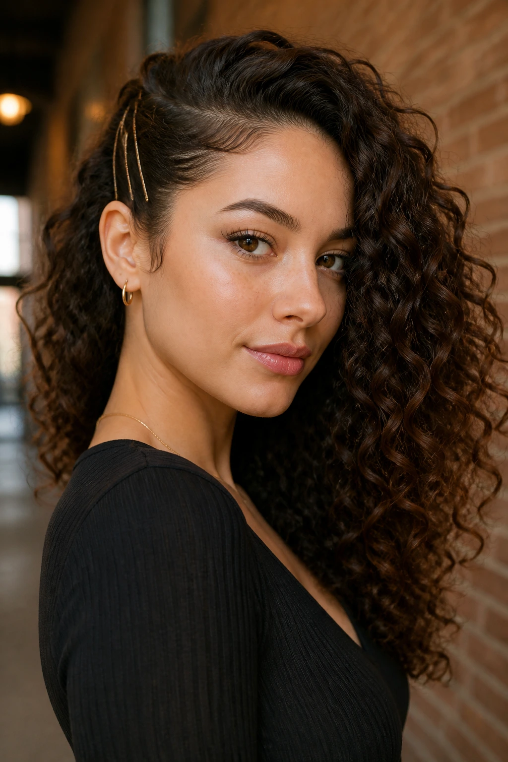 Close-up of a real woman with one side clipped back by pins and the other side loose and full