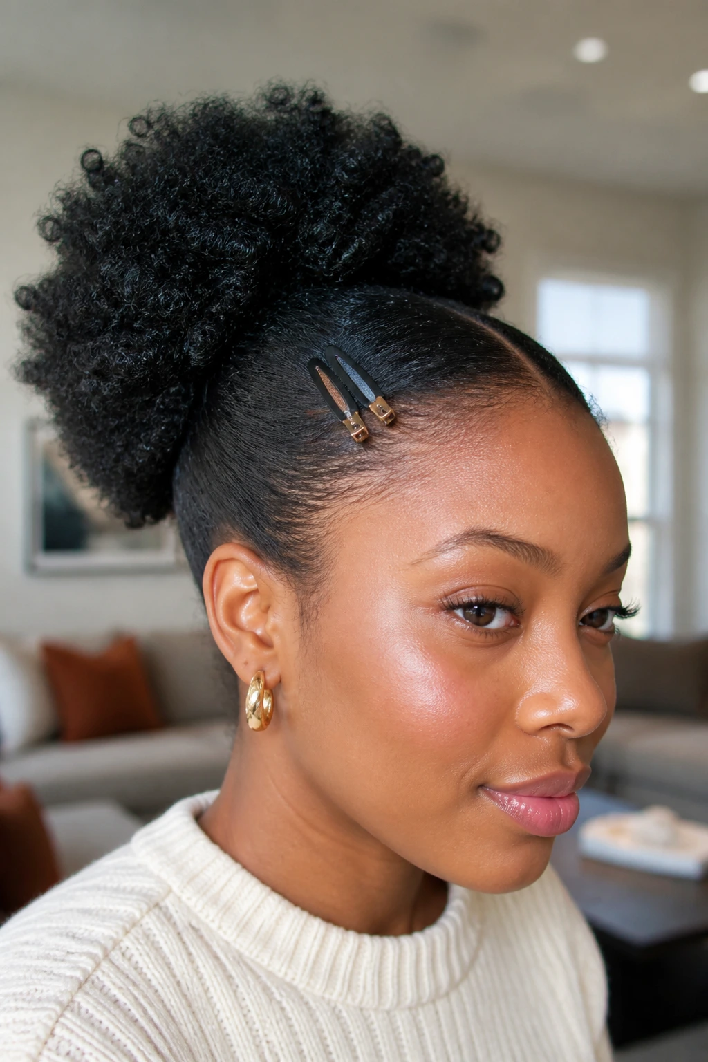 Portrait of a real person with front hair clipped back and a puff behind