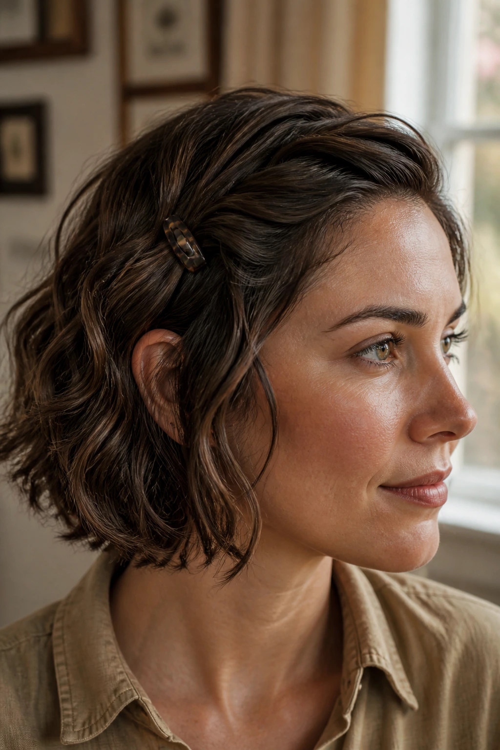 Close-up of a real woman with short wavy hair featuring a small clip at the temple highlighting clipped-back wave detail