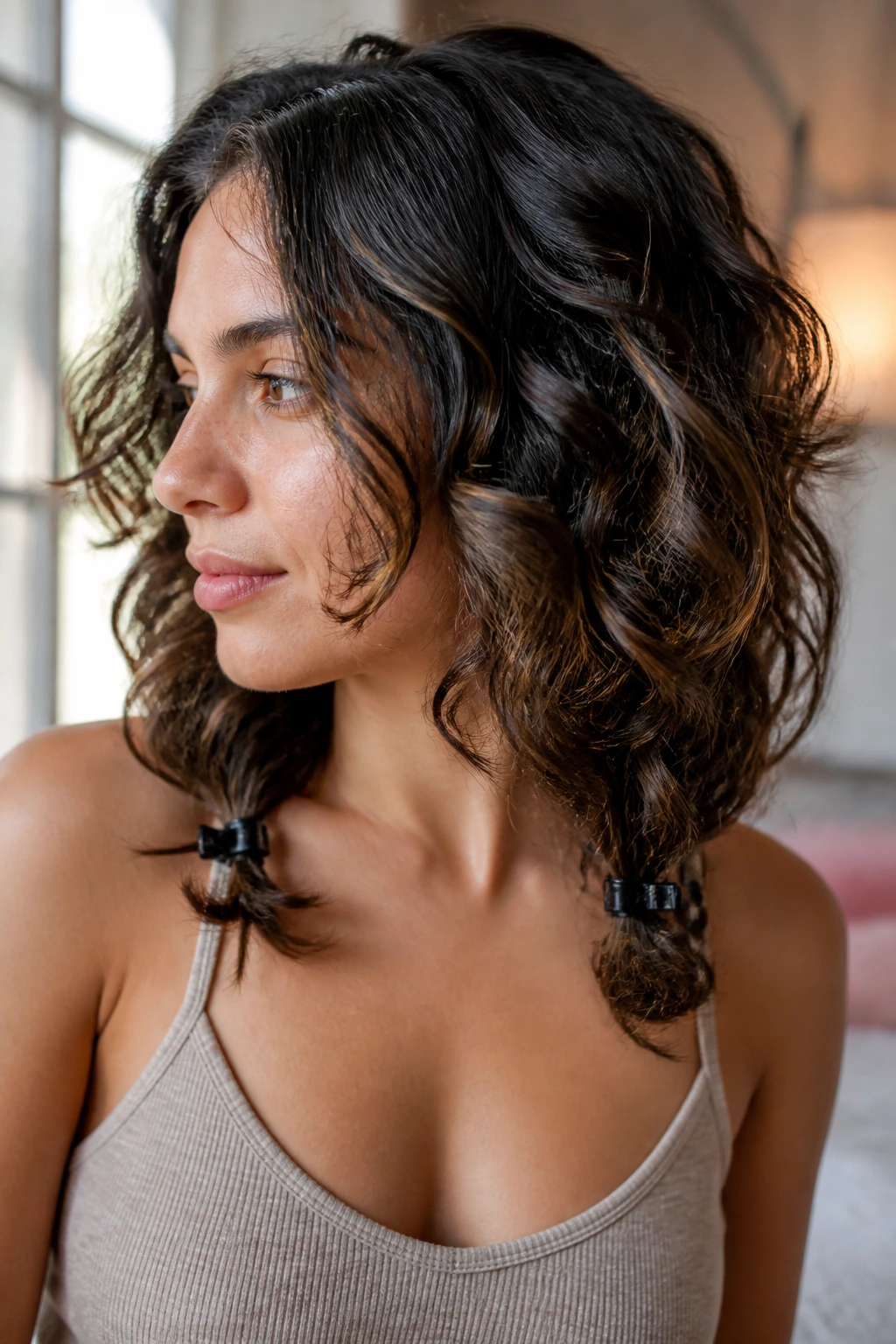 Close-up of a real woman's clipped ends waves with clips securing feathered tips