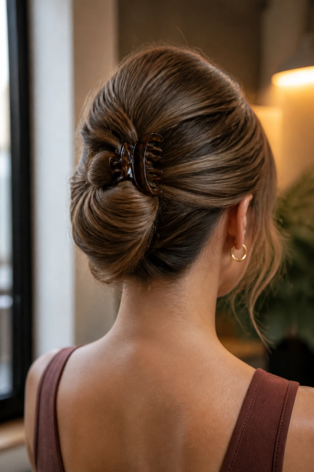 Real woman with clipped tucked roll updo at the nape with clip visible