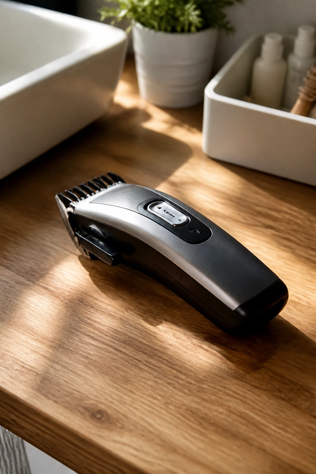 Cordless hair clipper on a wooden surface for home trims.