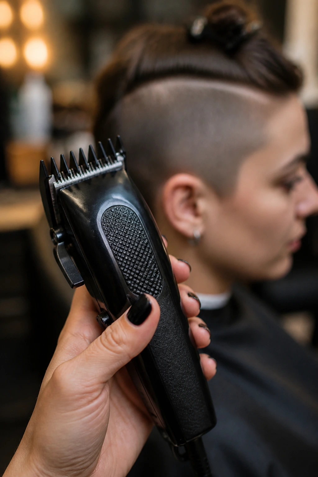 Close-up of a clipper with guard held by a stylist over a shaved undercut.