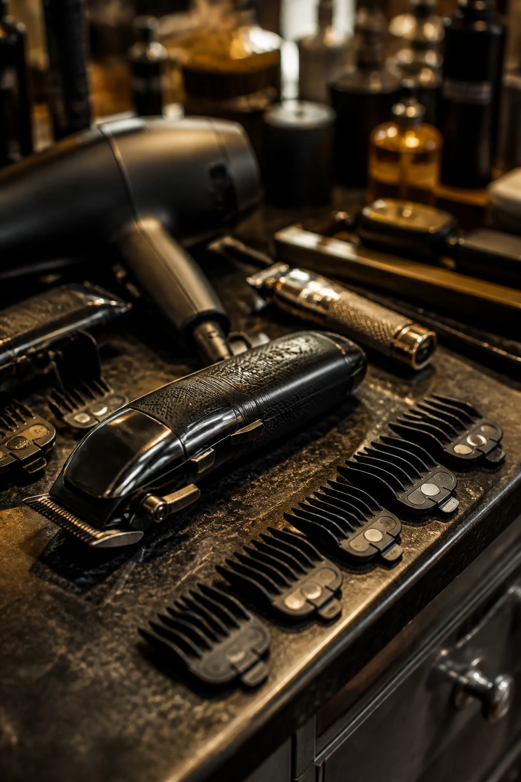 Close-up of a barber clipper with guards on a counter