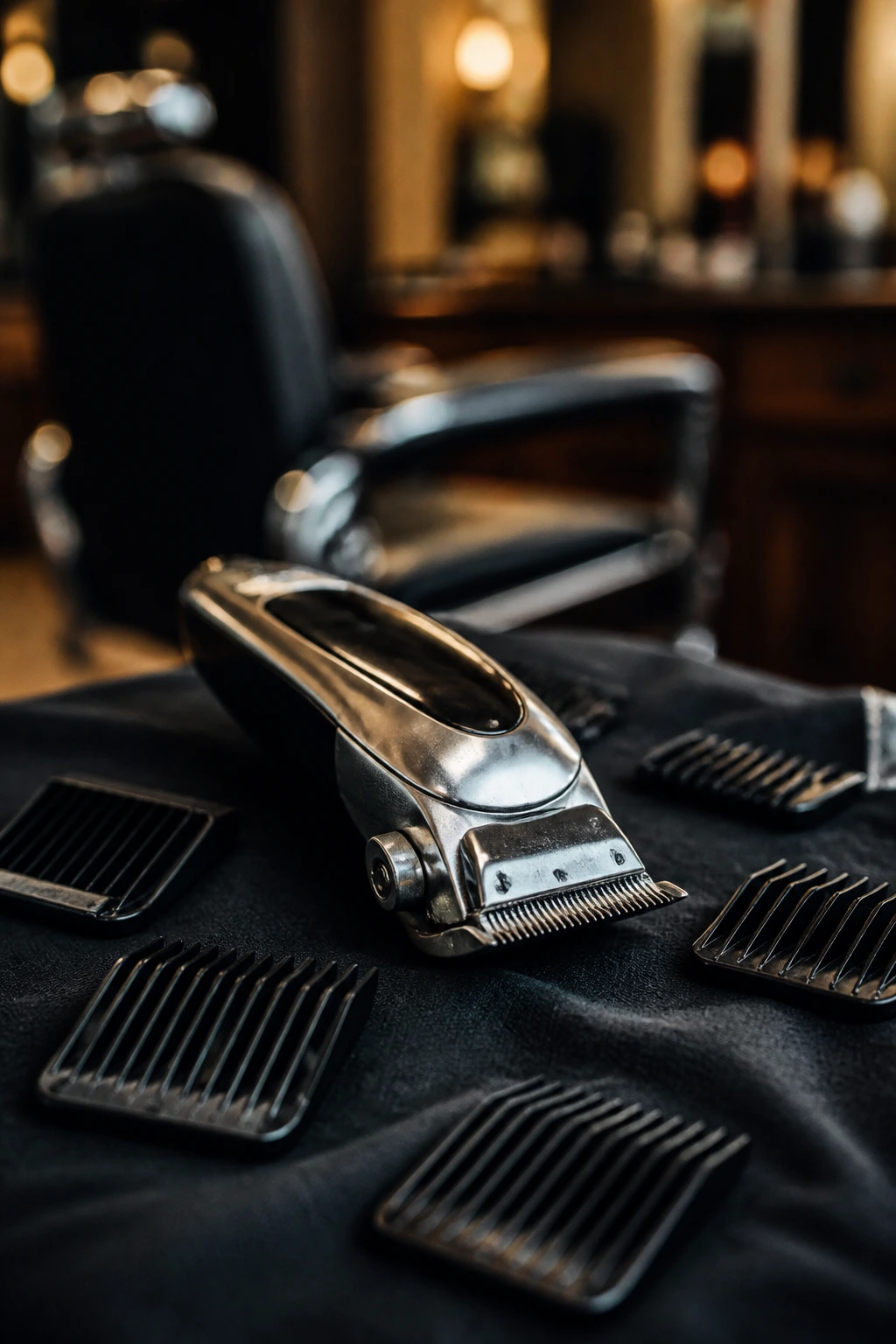 Close-up of a professional hair clipper with guards on a barber cape.