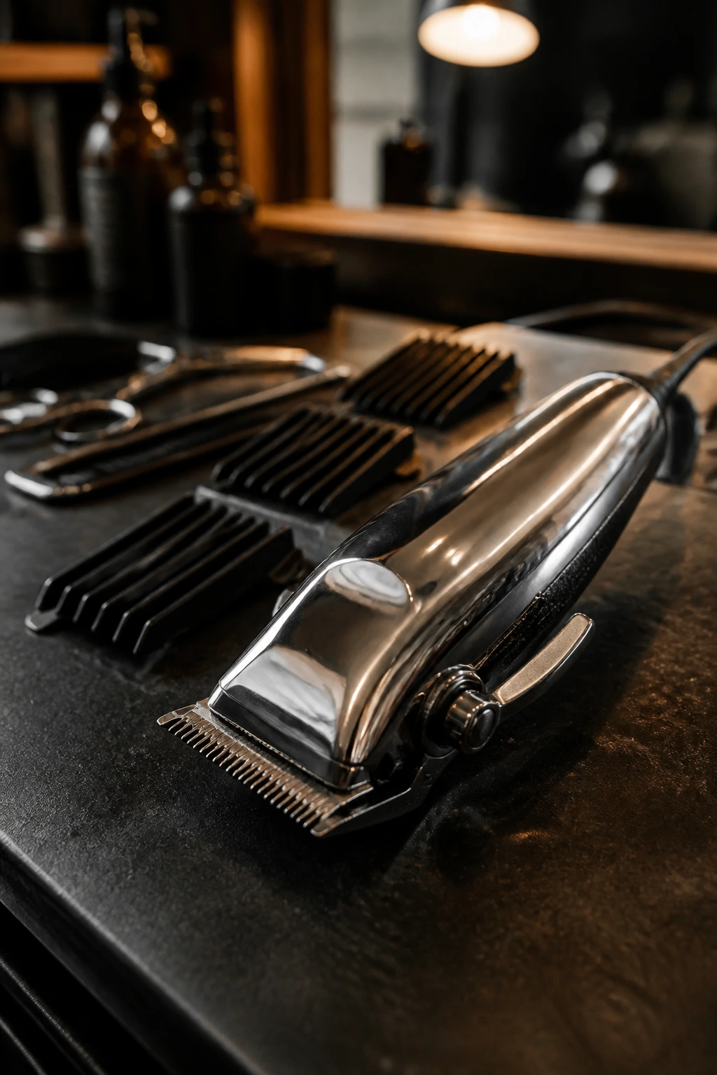 Close-up of professional hair clipper with guards on a barber counter