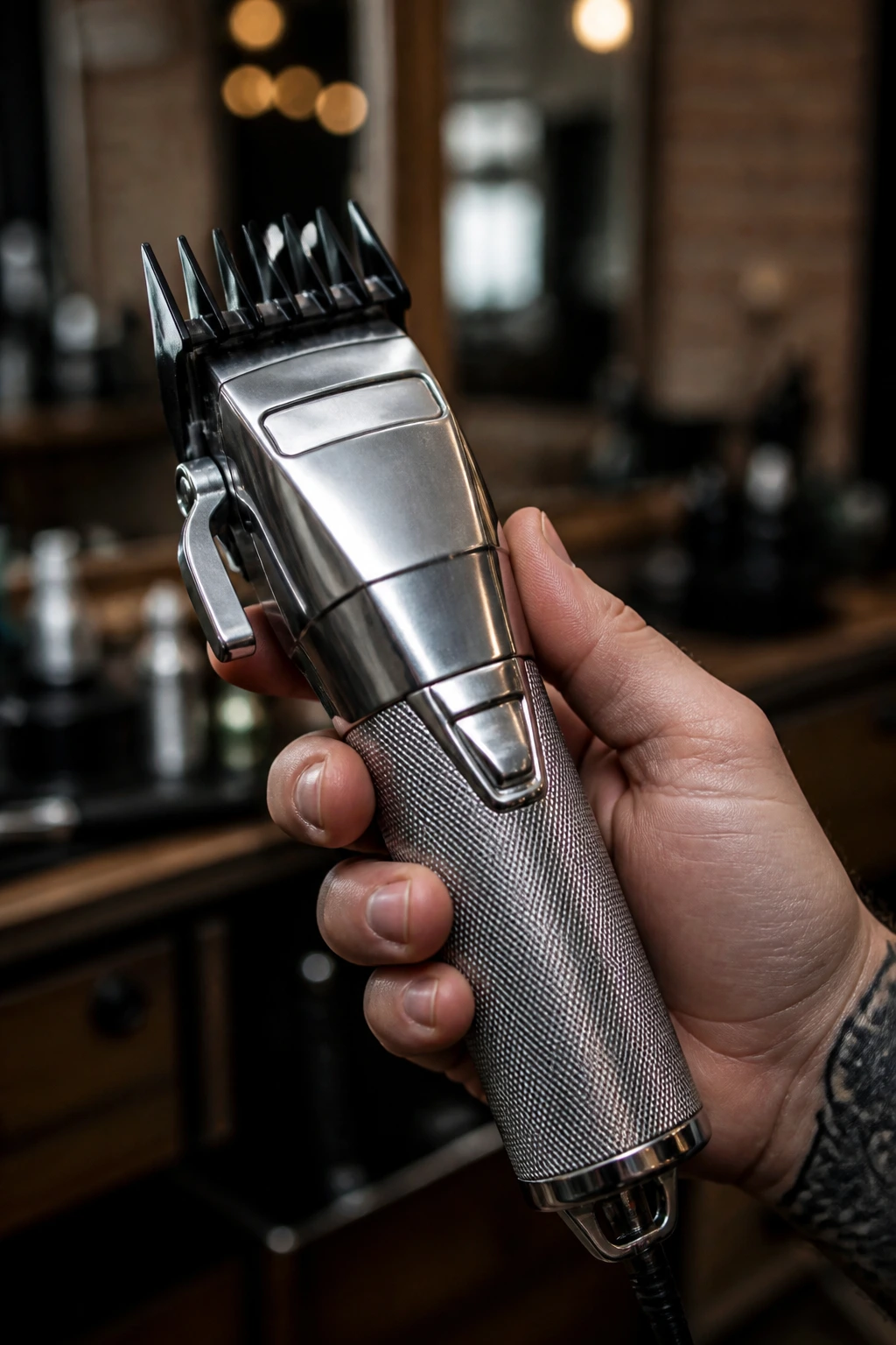 Close-up of clippers with guards on a barber bench