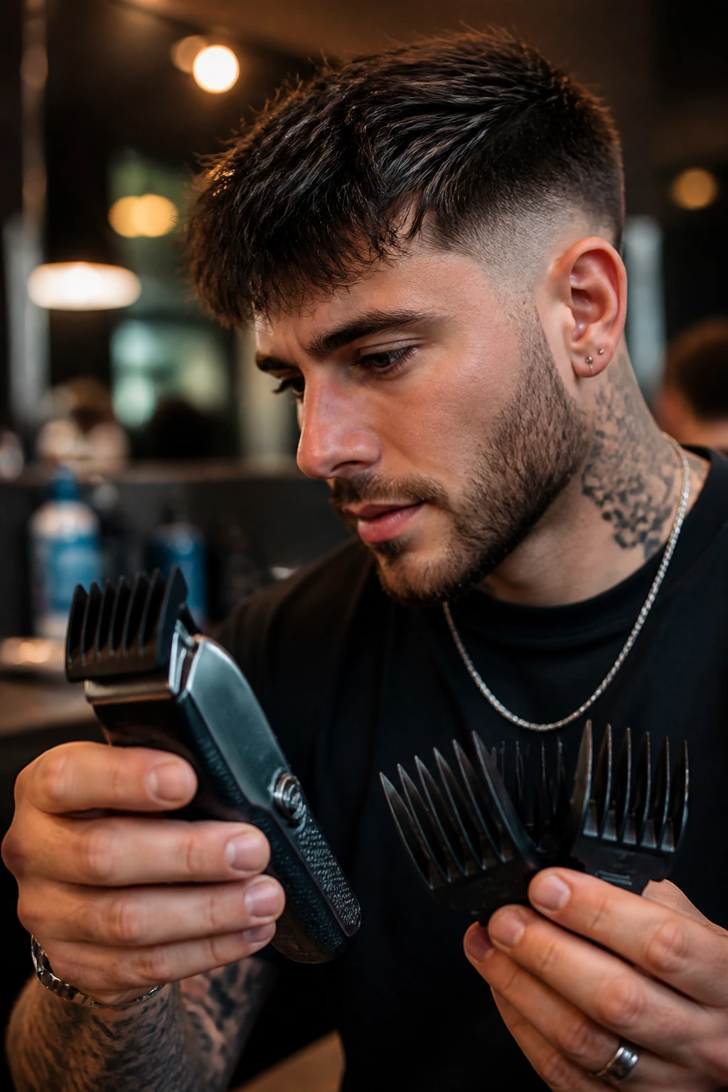 Close-up of barber clippers with guards in barbershop setting