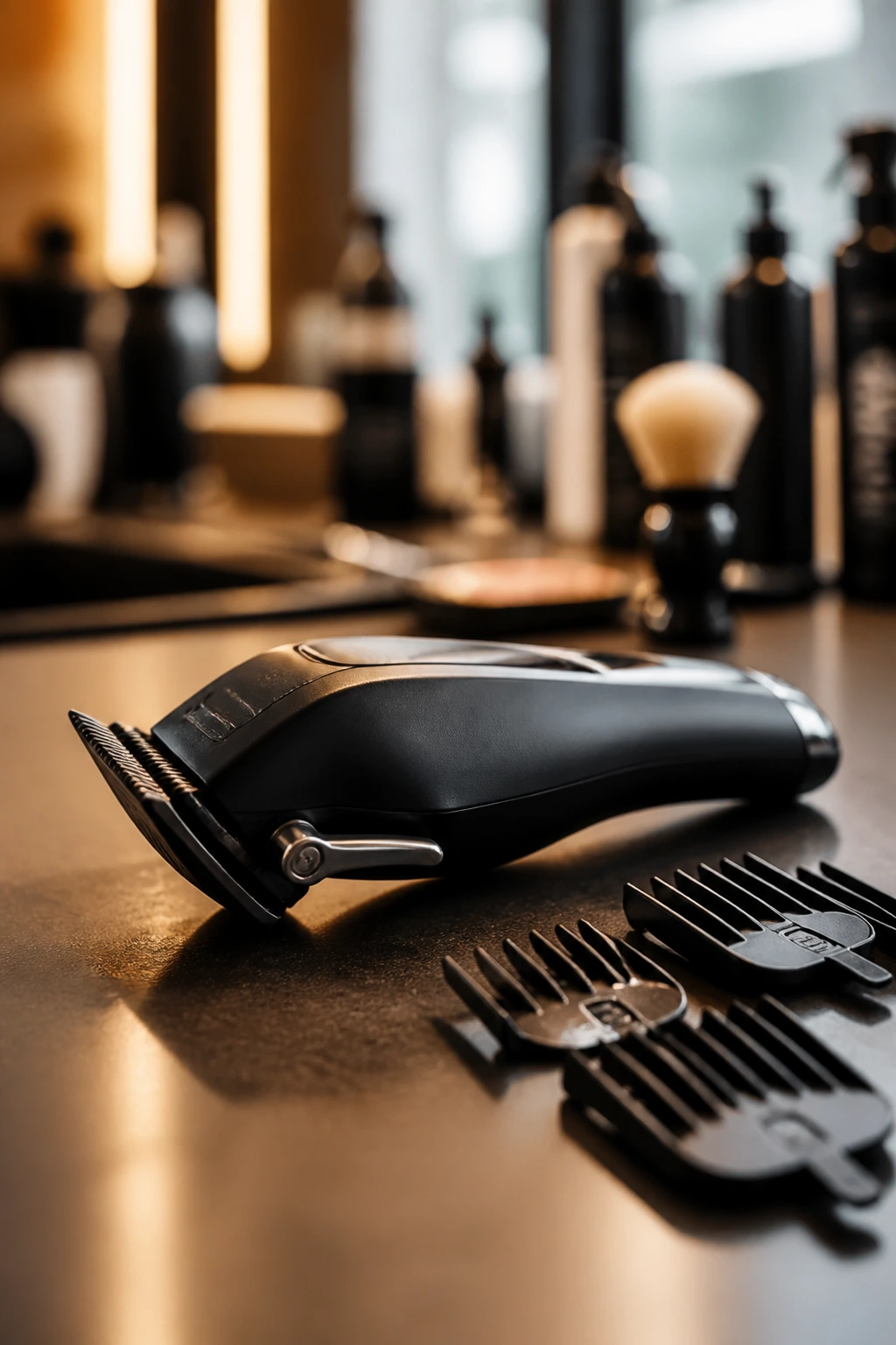 Close-up of professional hair clippers with guards on a counter in a real salon/home setting.