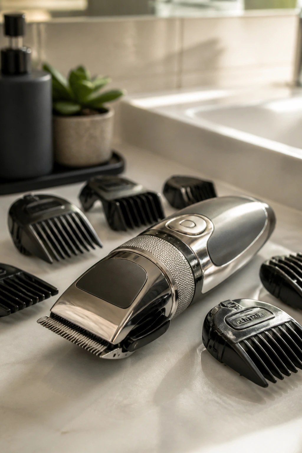 Close-up of a premium hair clipper with guards on a bathroom counter.