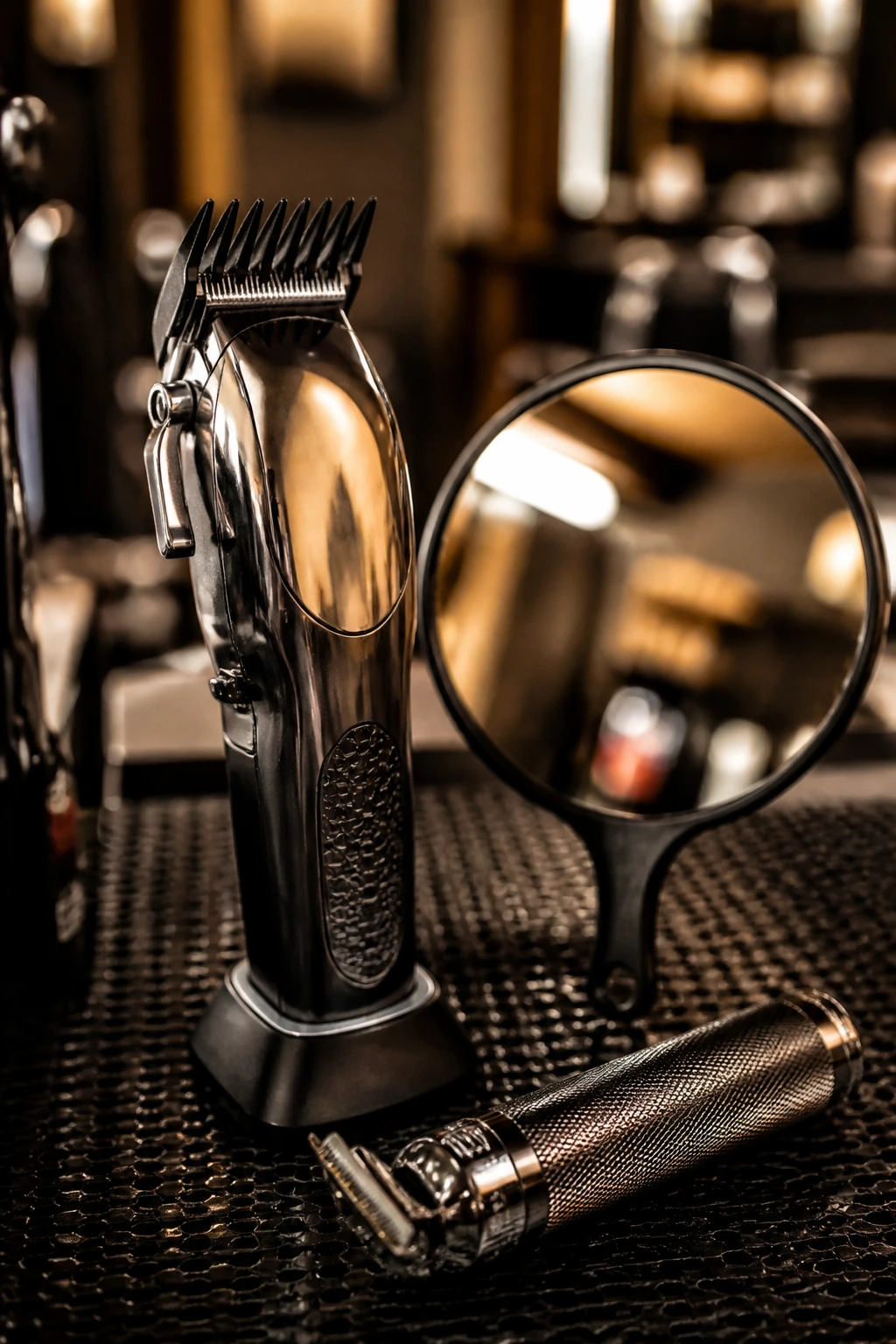 Close-up of cordless clipper with guard, mirror, and trimmer on a barbershop station.