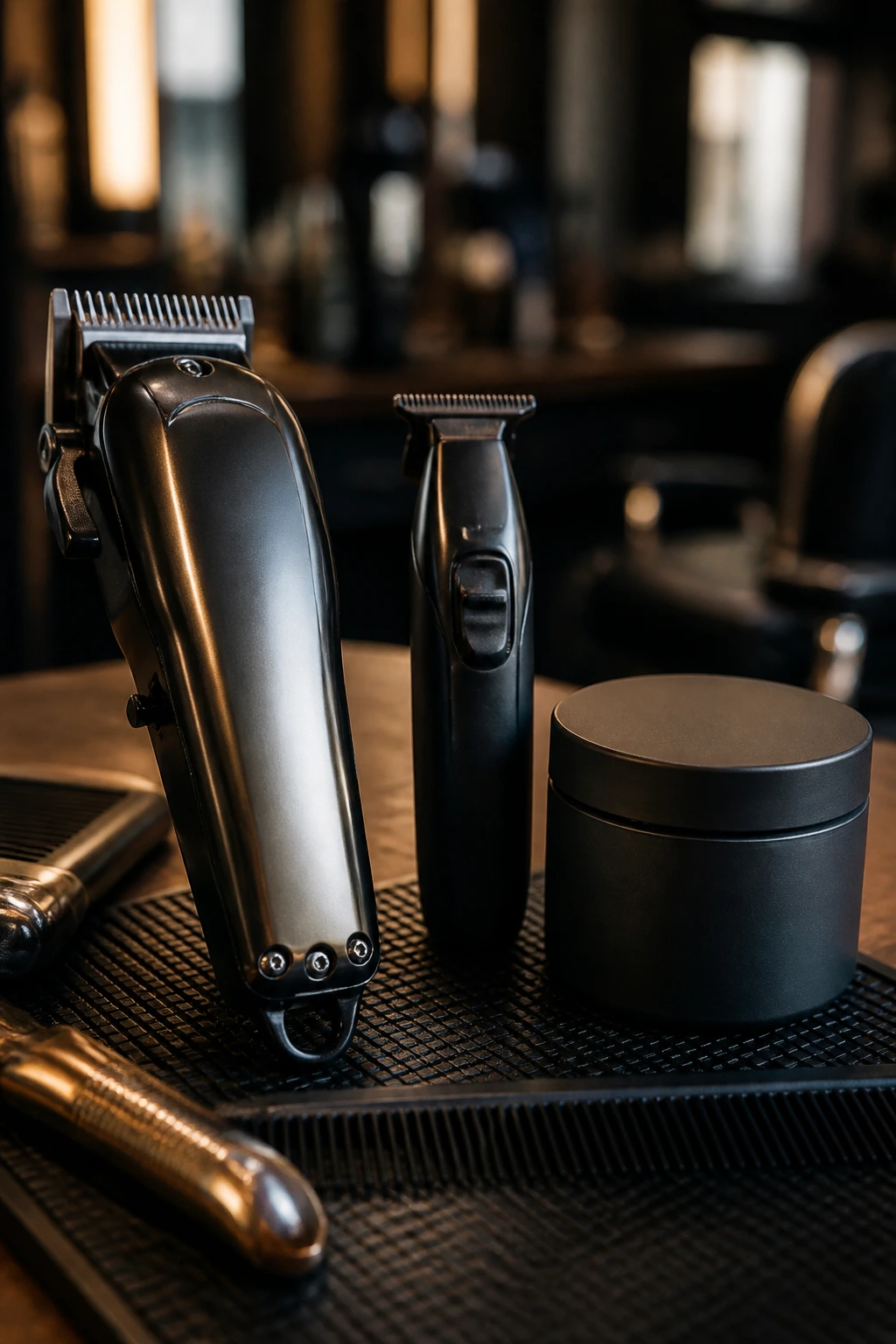 Tools for crew cuts: clippers, trimmer, matte product