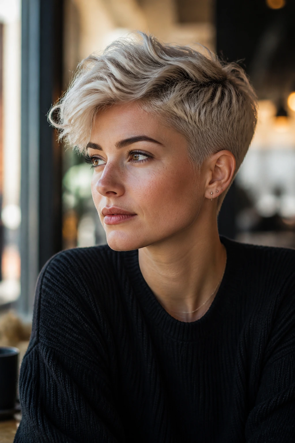 Close-up of a real woman showing a short-sided, long-top pixie with waves in cafe light
