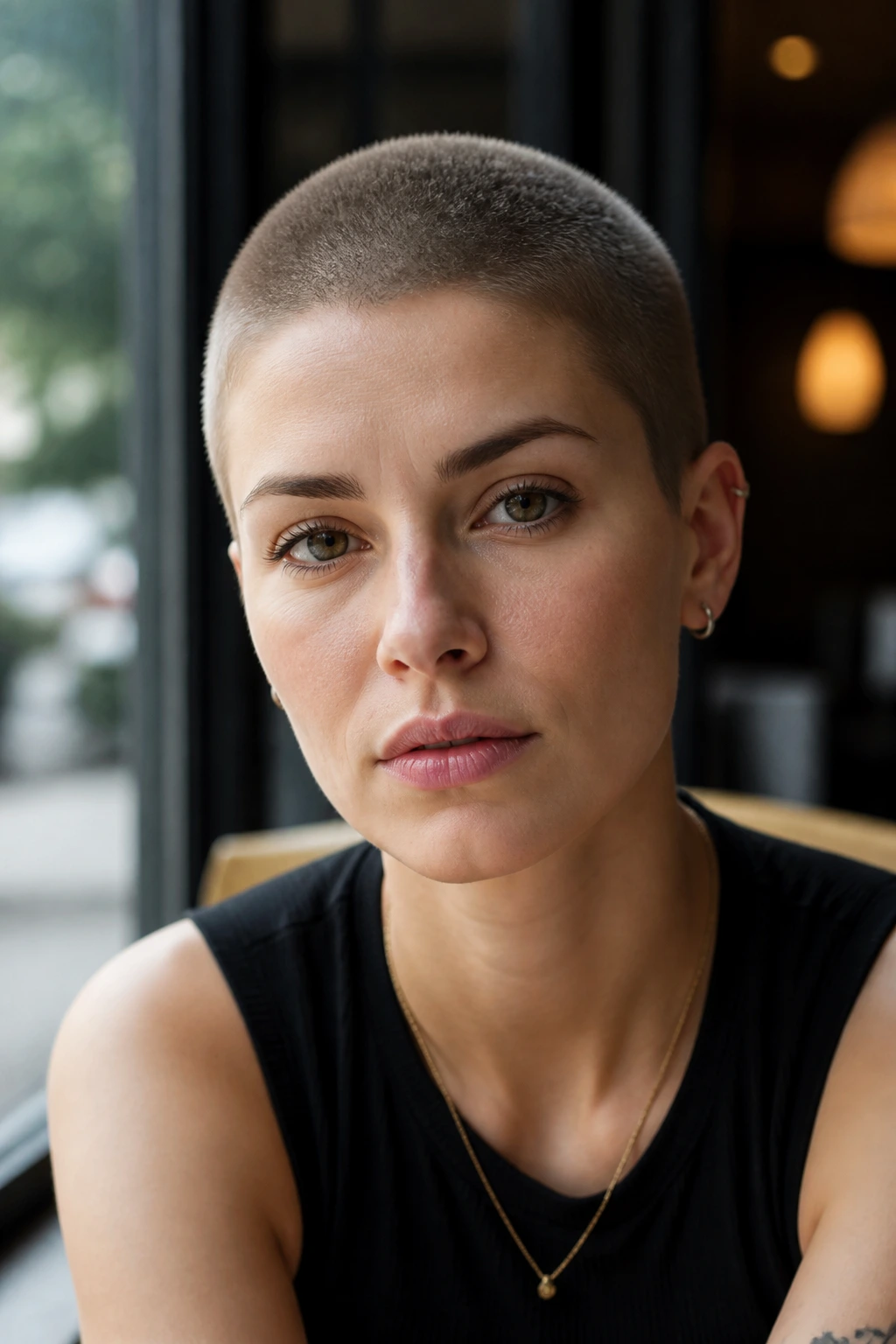Real person with close-cropped buzz cut and longer top in cafe setting.