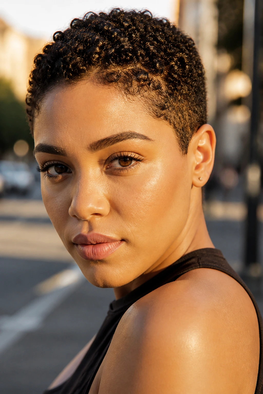Close-up of person with close-cropped curly pixie hair