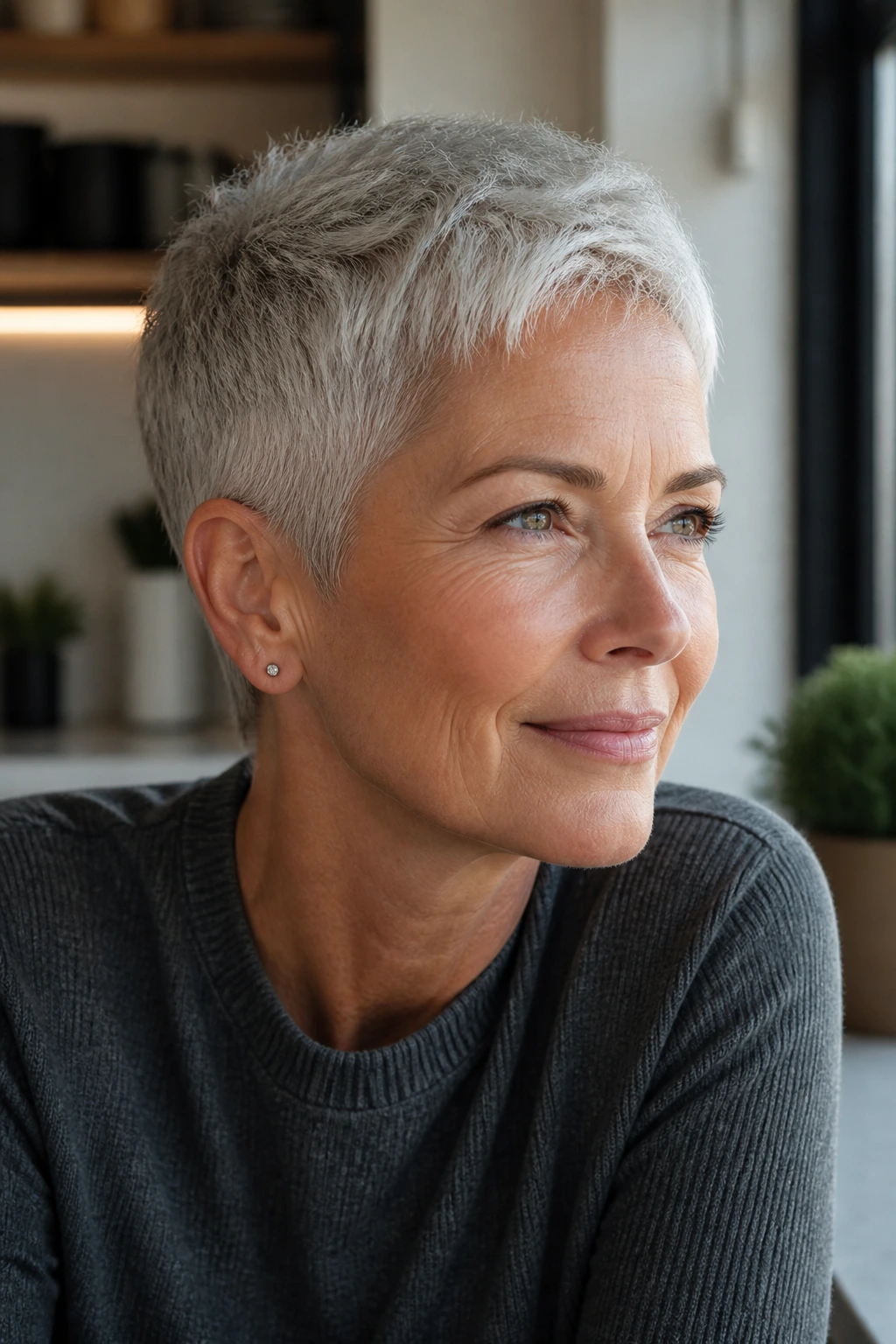Close-up of an older woman with a close-cropped crop