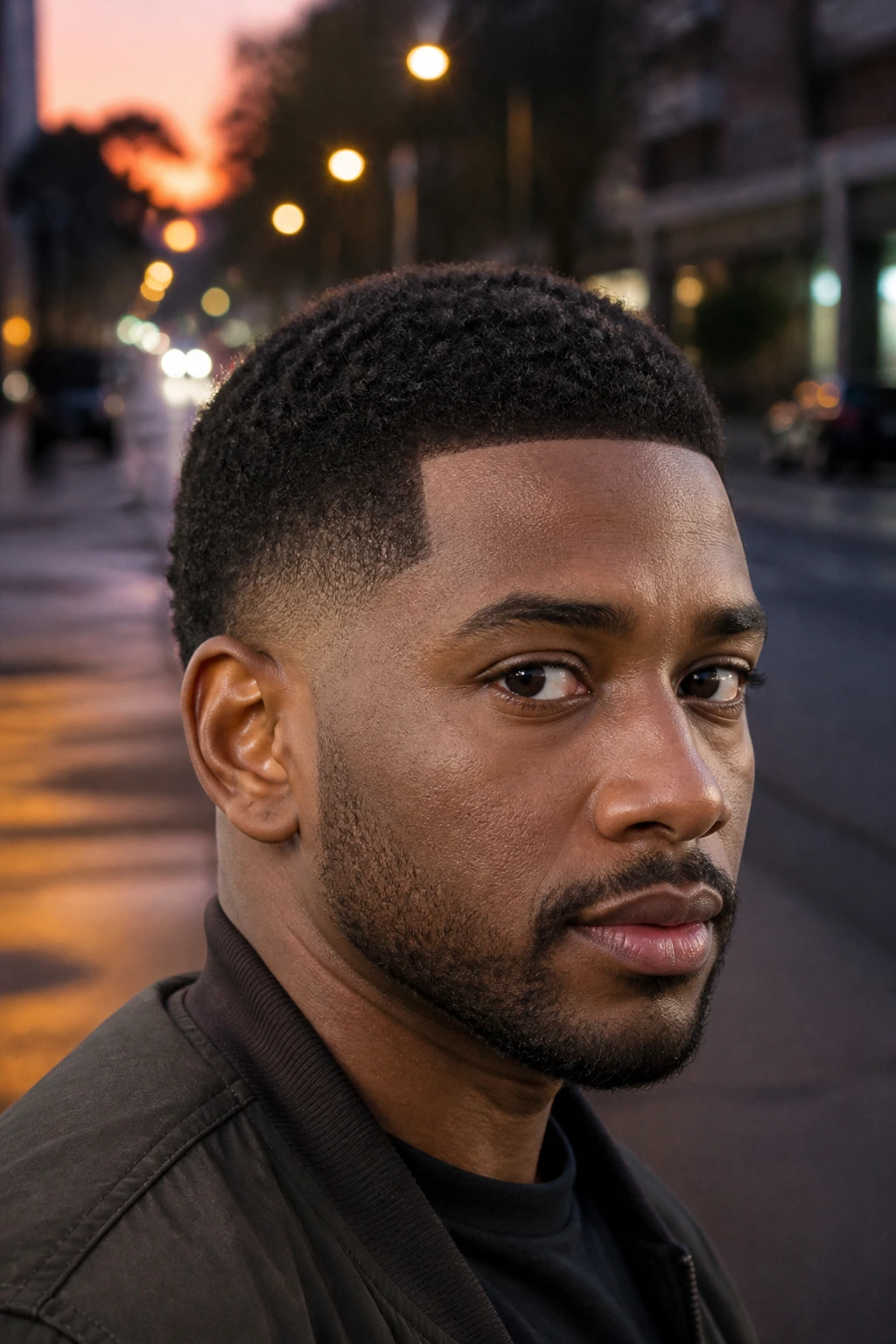 Close-up portrait of a real person with a close-cropped taper and defined hairline