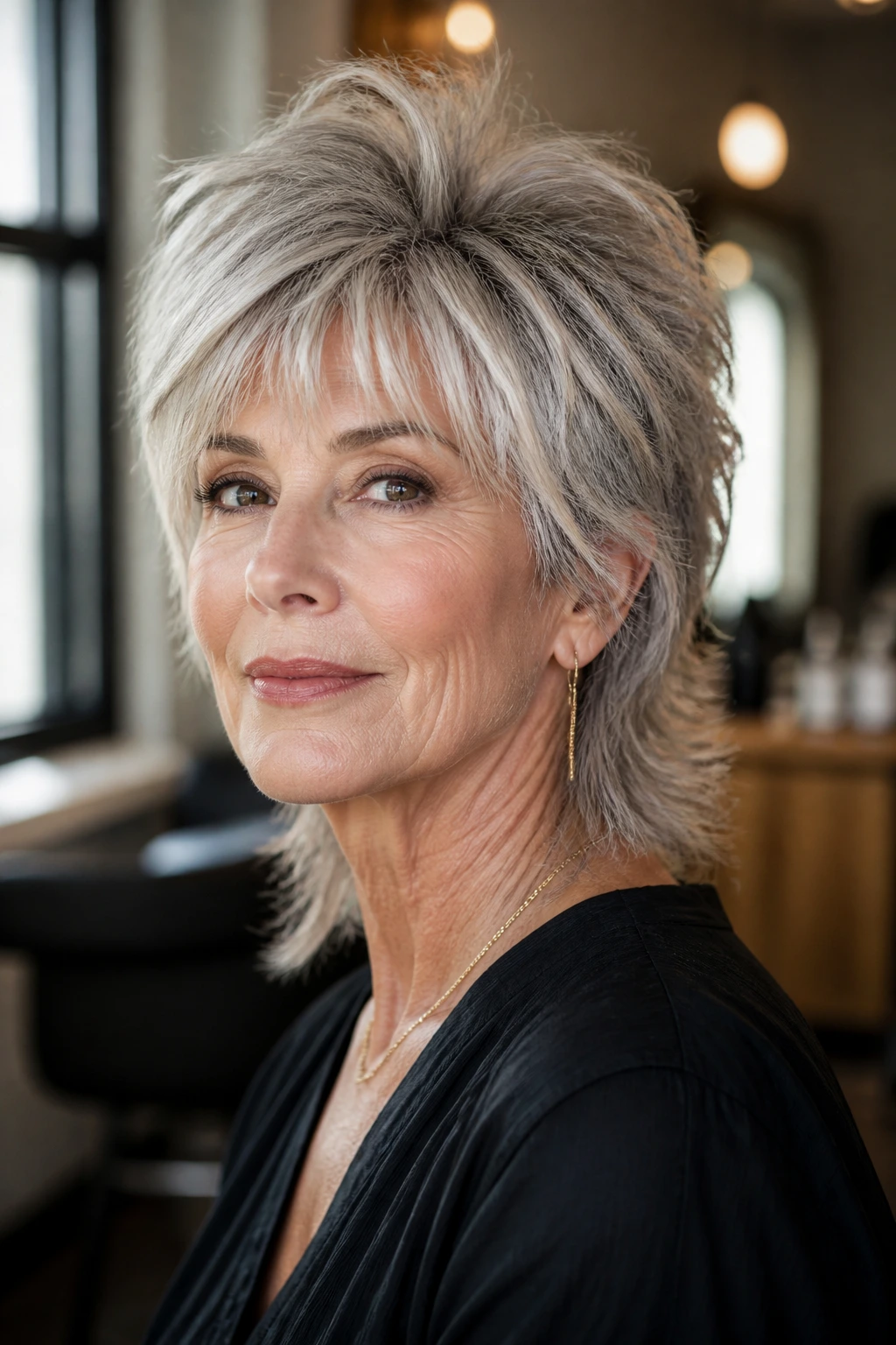 Close-up portrait of an older woman with a modern mullet and crown lift in a warm salon setting