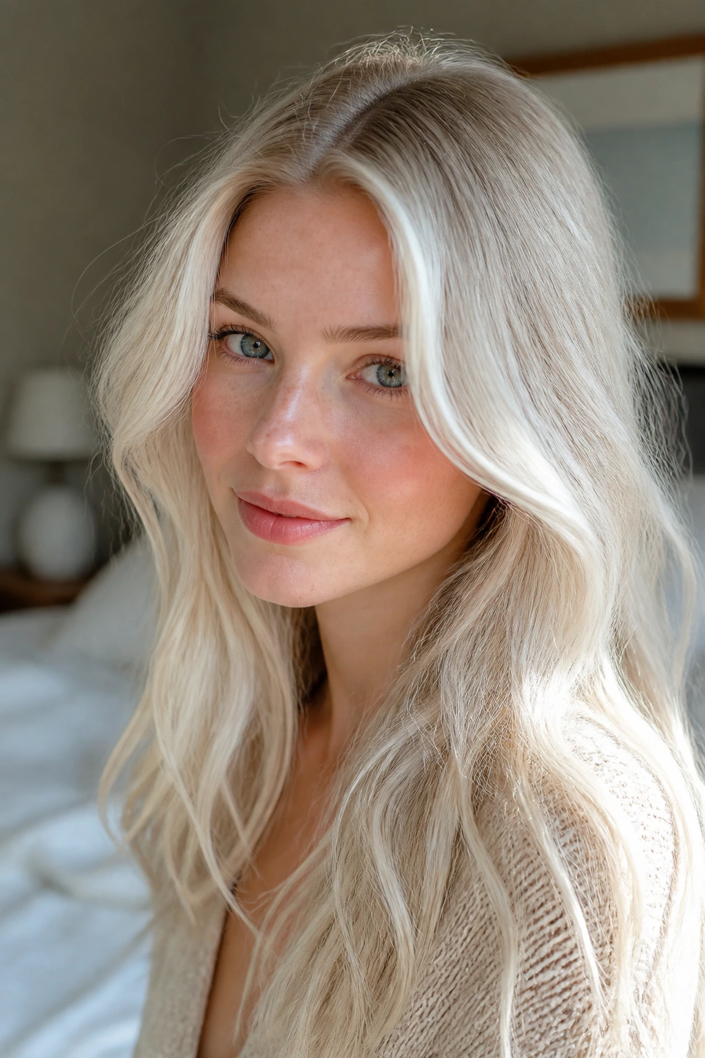 Portrait of a real woman with cloud blonde hair and airy, diffused finish.