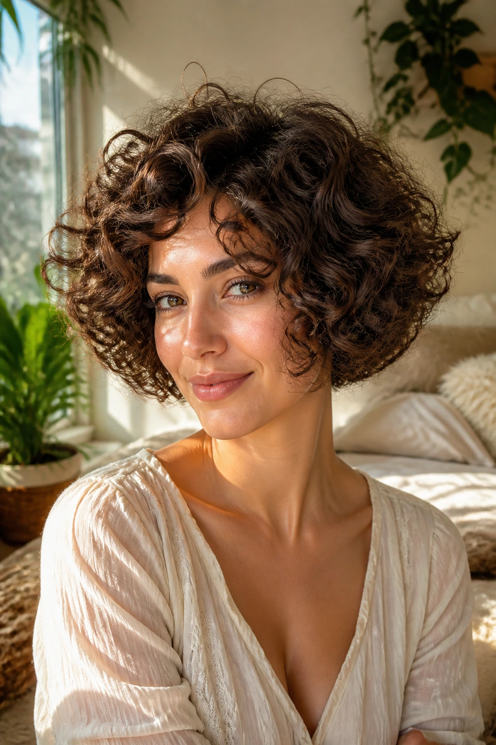 Close-up portrait of a real woman with a cloud bob and a soft rounded silhouette