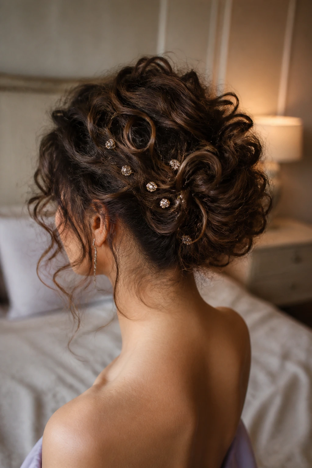 Back view of a real woman with a cloud bun and scattered pins