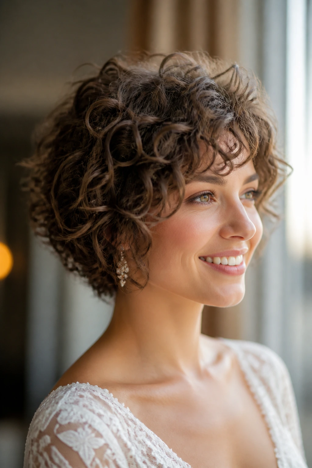 Close-up of a real bride with cloud curly shag exhibiting rounded, airy curls
