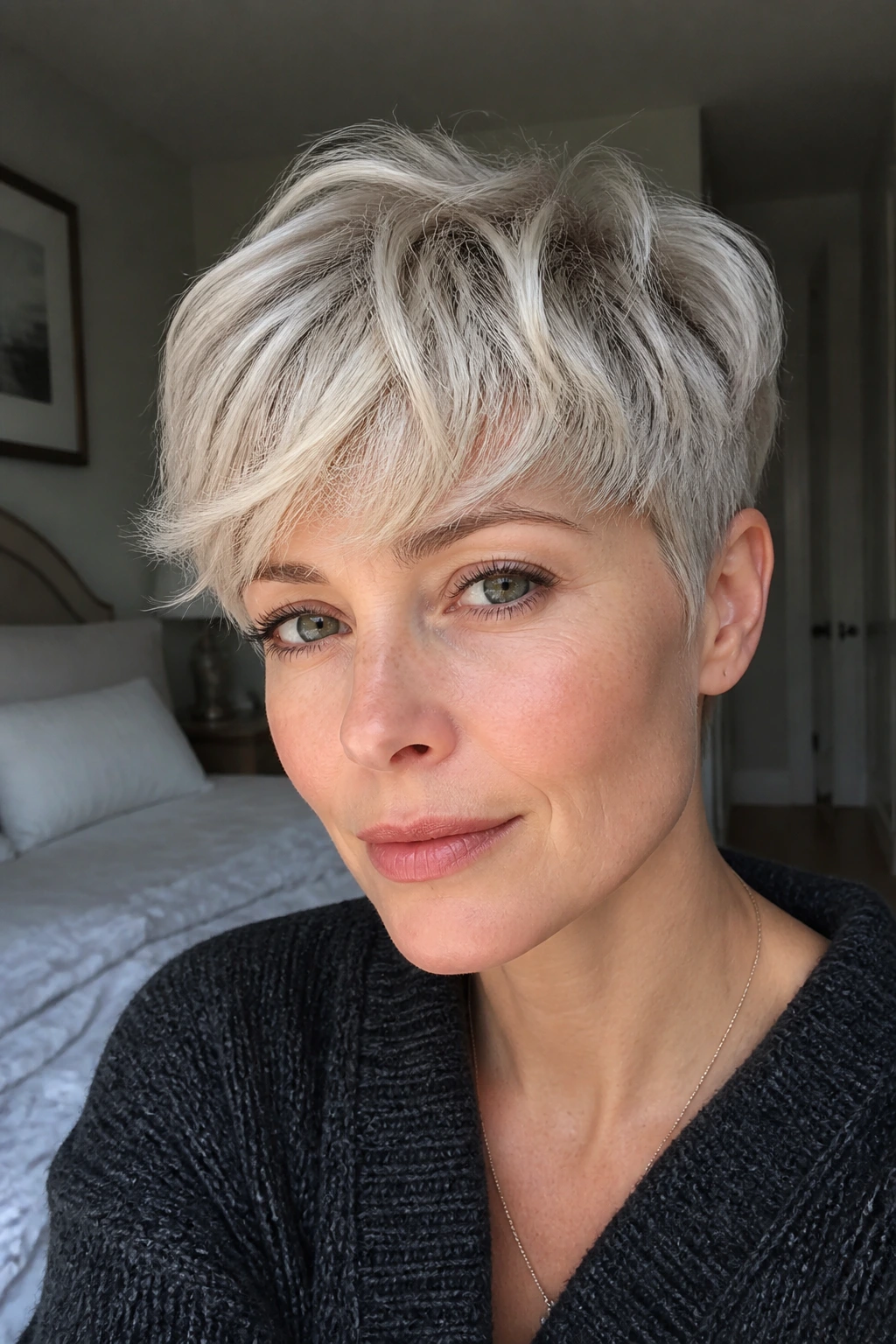 Close-up of a real woman with a soft cloudy fringe brushed forward